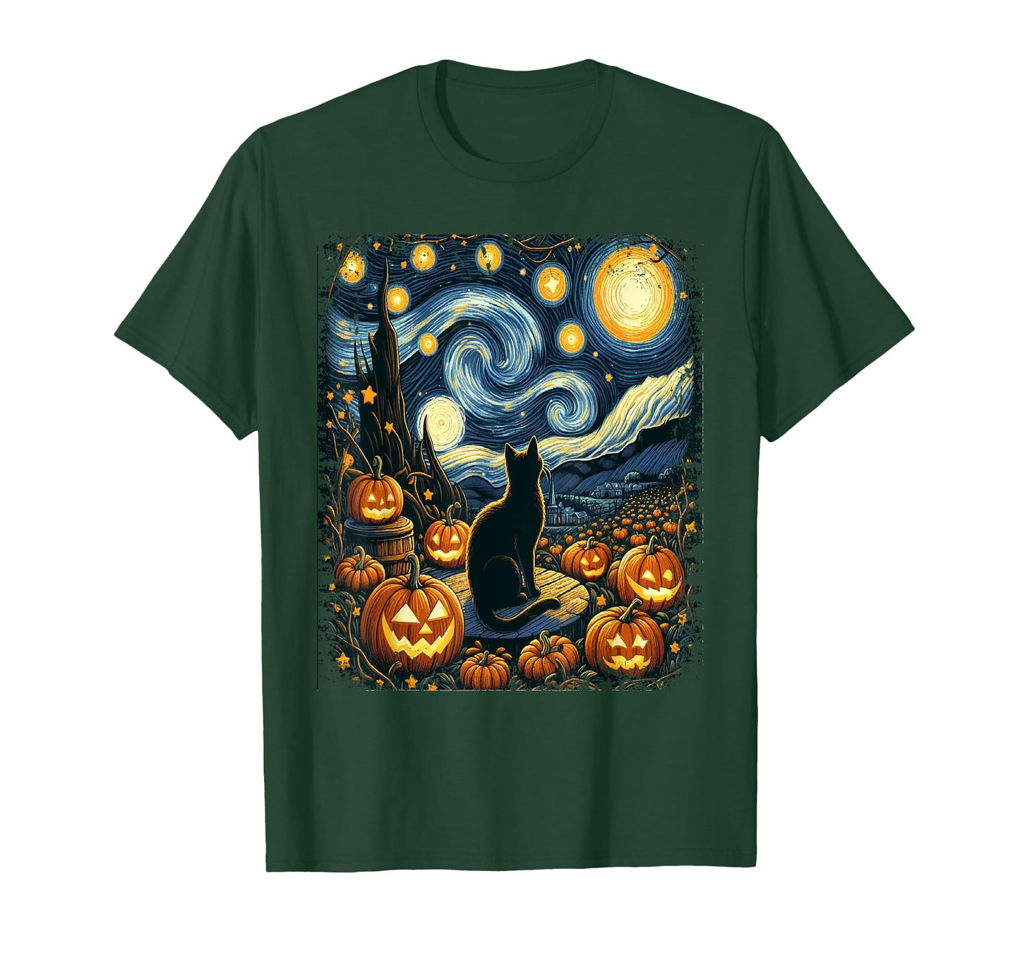Halloween Van Gogh Starry Night Black Cat Pumpkins Men Women Kids T-Shirt