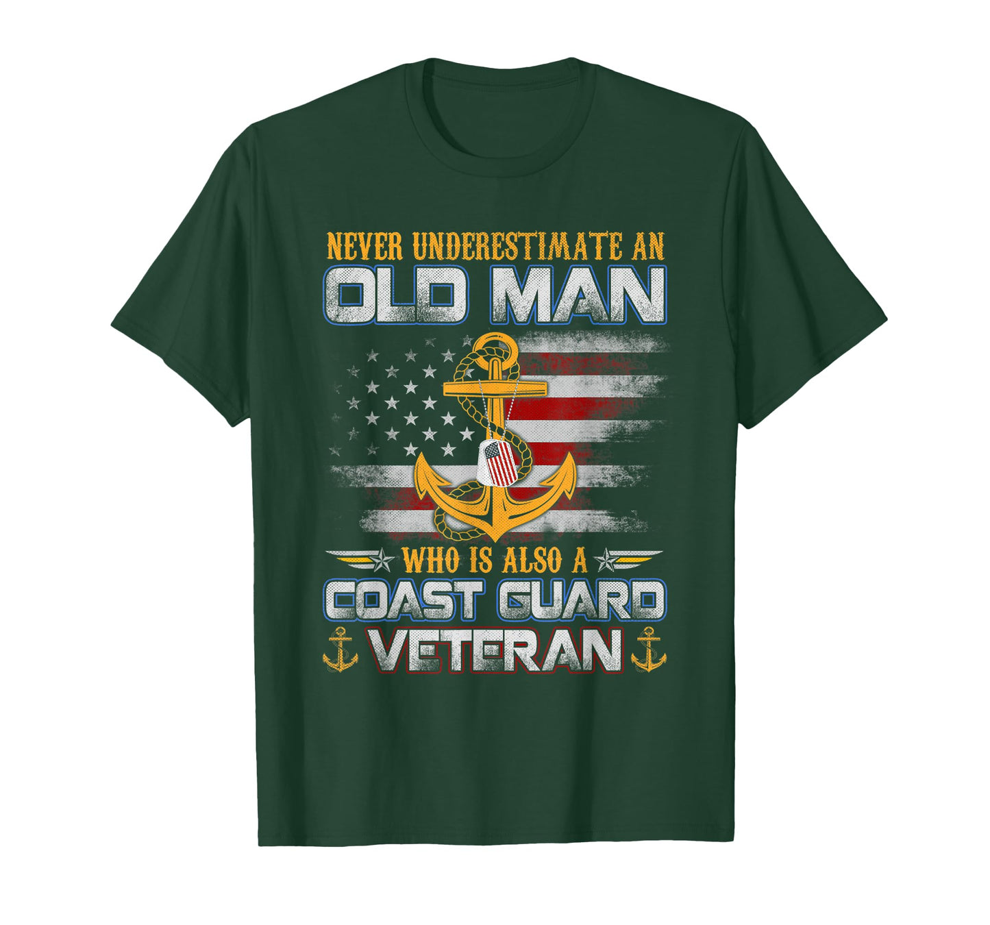Never Underestimate Old Man U.S. Coast Guard Veteran Flag T-Shirt