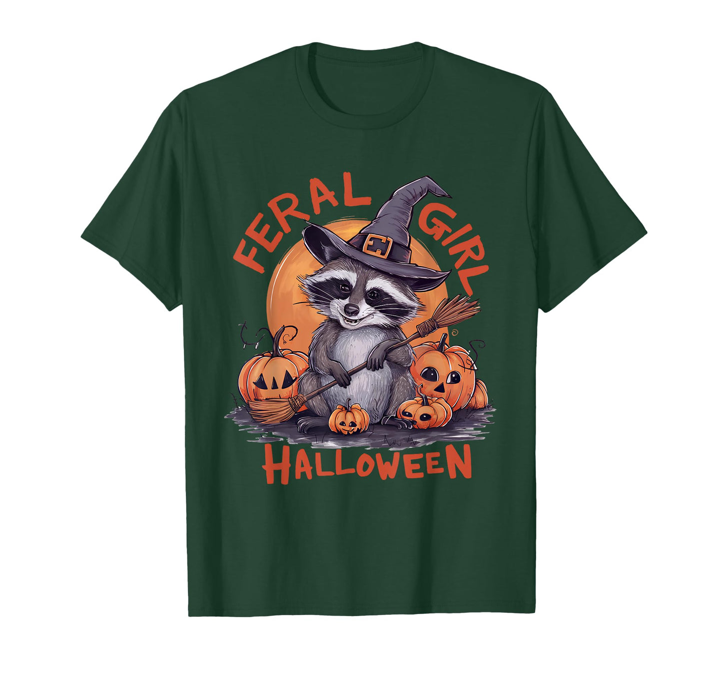 Feral Girl Halloween Spooky Witch Funny Raccoon Pumpkin T-Shirt