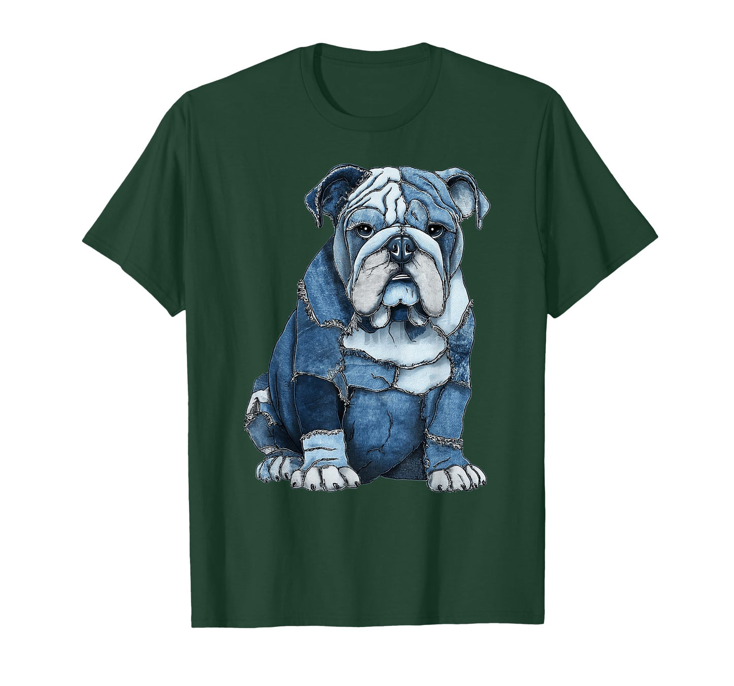 Funny English Bulldog Dog Blue Denim Patchwork Graphic T-Shirt