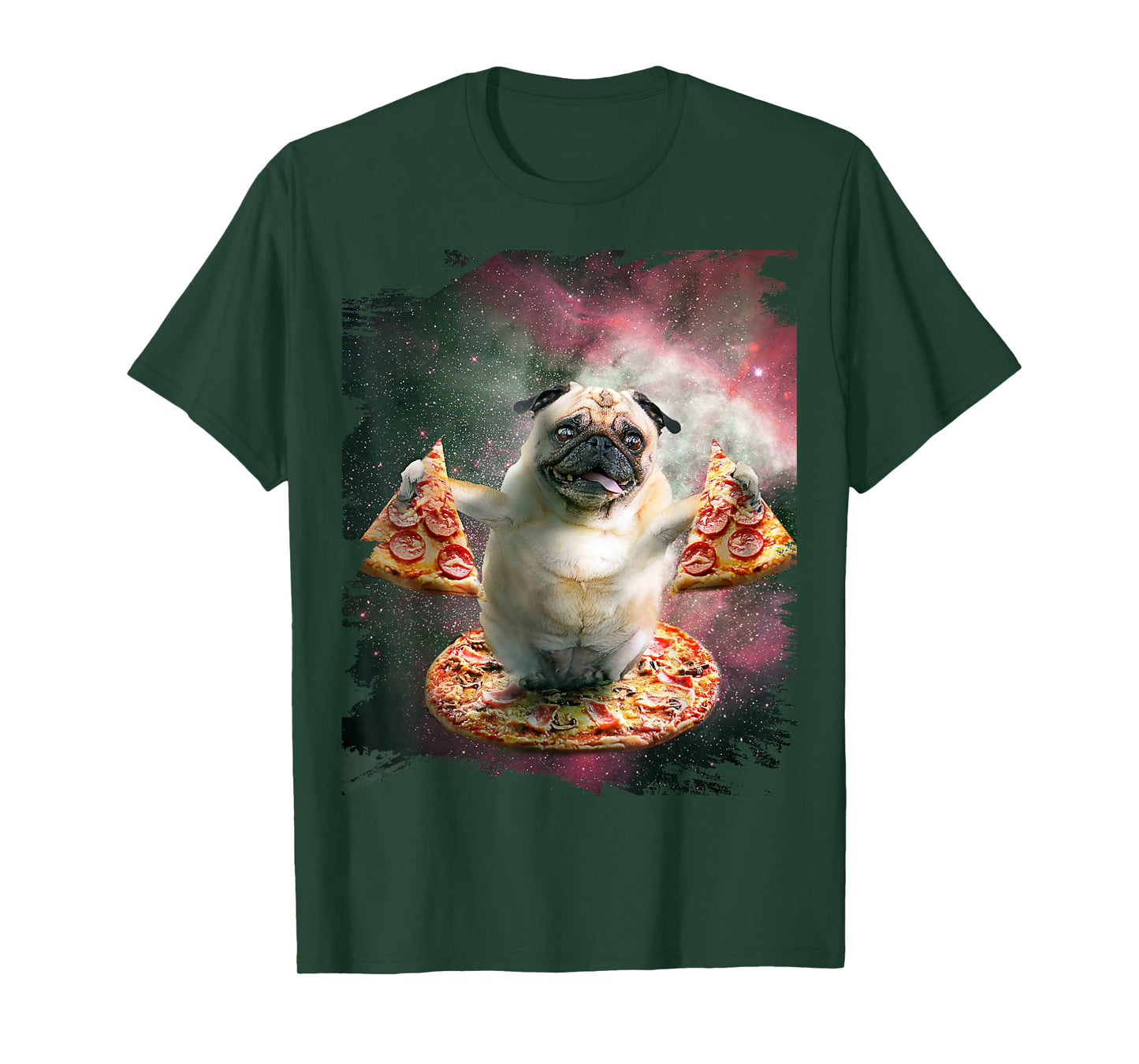 Random Galaxy Funny Pug Dog with Pizza T-Shirt
