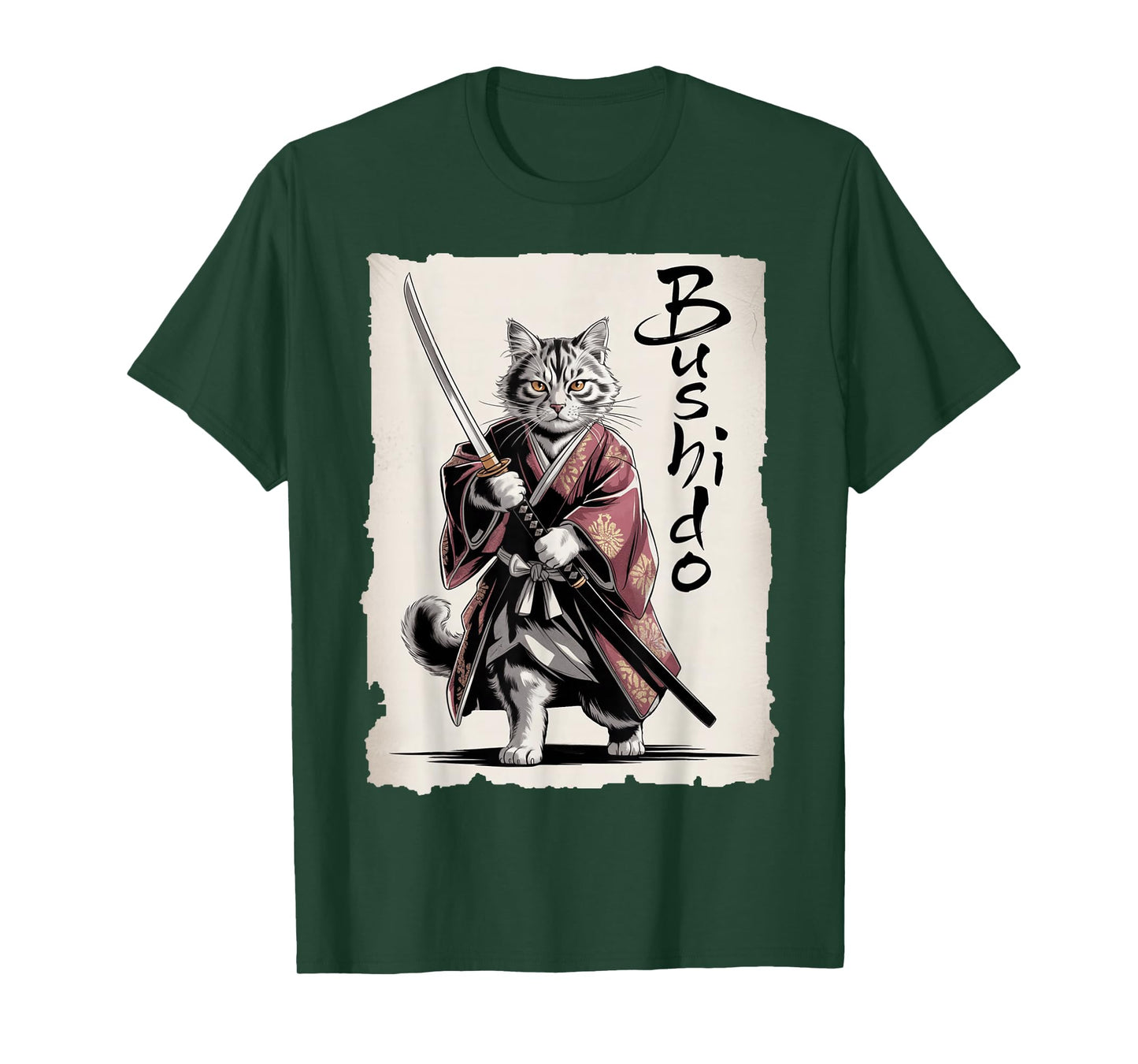 Samurai Cat Vintage Ukiyo-e Warrior Art Graphic Fun Cat Art T-Shirt
