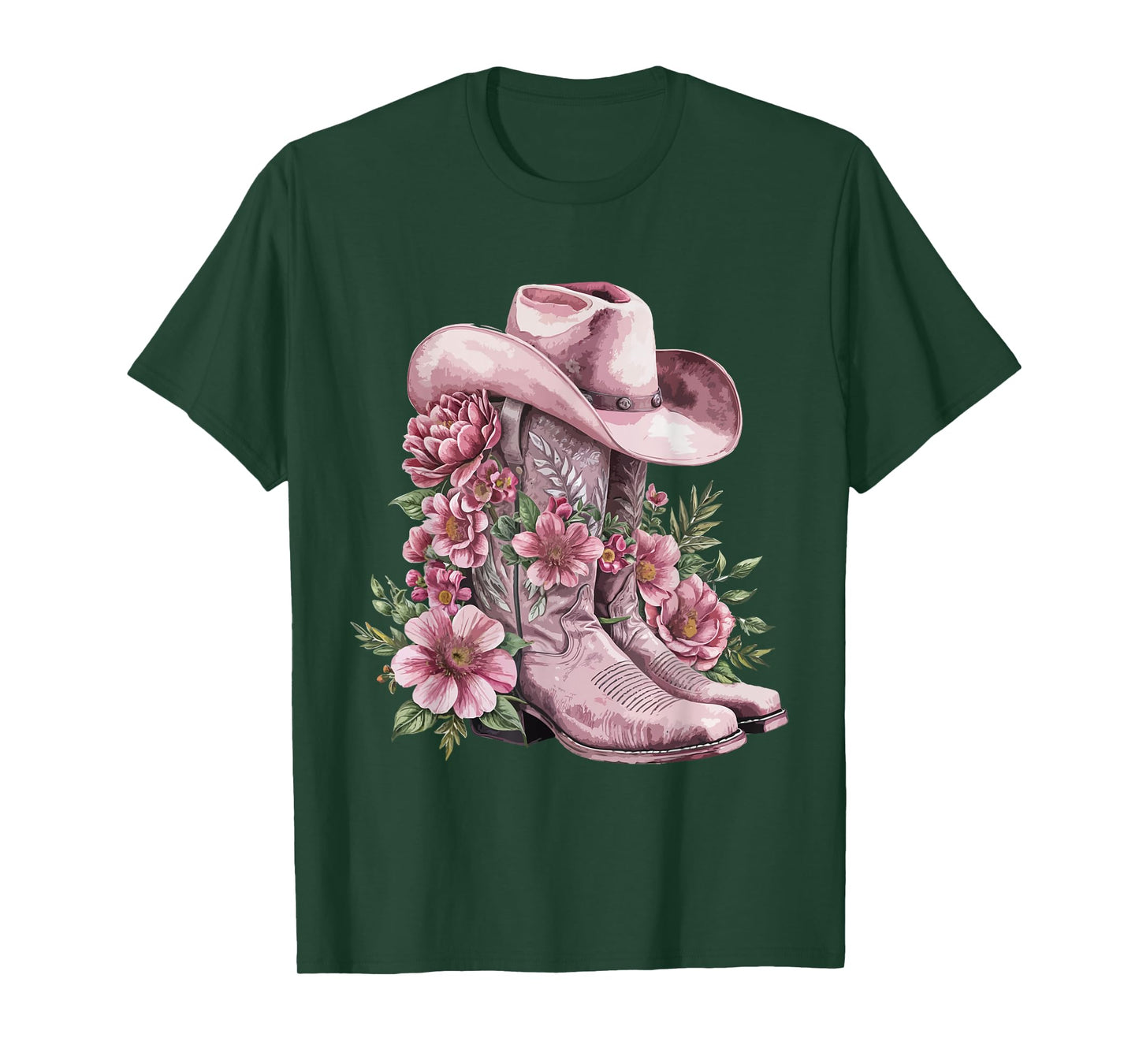 Watercolor Cowgirl Floral Boots Hat Western Boots Boho Women T-Shirt