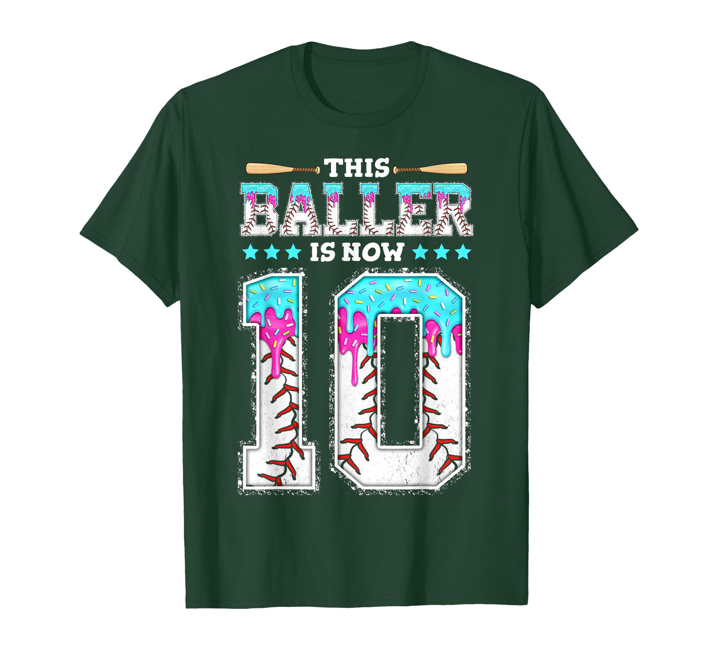 Baller Is Now 10 Year Ice Cream Drip 10th Birthday Baseball T-Shirt