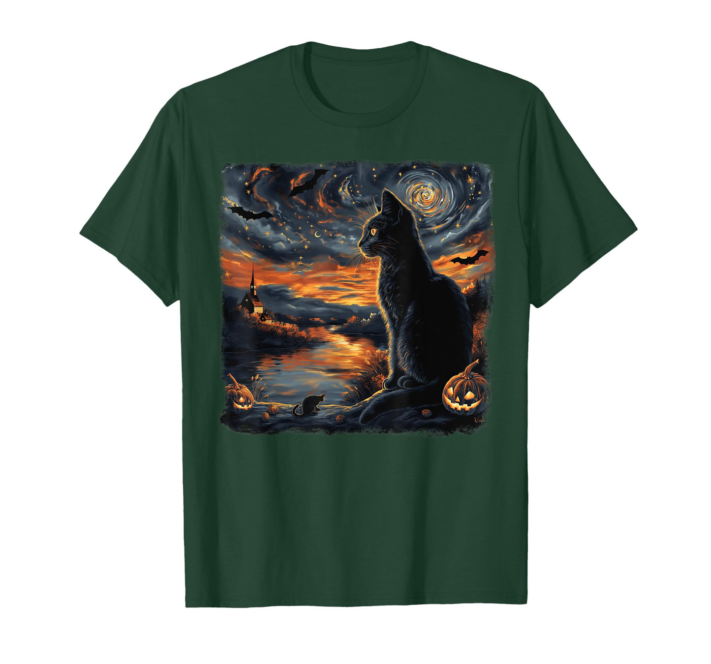 Halloween Van Gogh Starry Night Black Cat Pumpkins Bats Tees T-Shirt for Men Women Kids