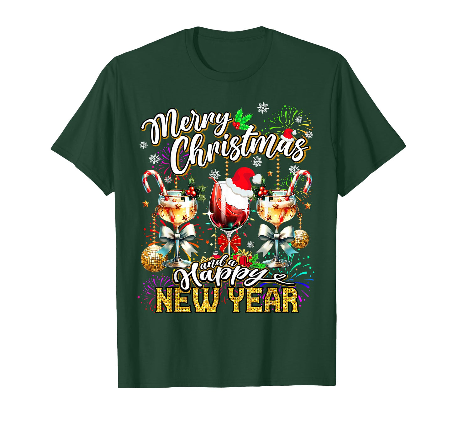 Merry Christmas and a Happy New Year Wine Glasses Fireworks T-Shirt