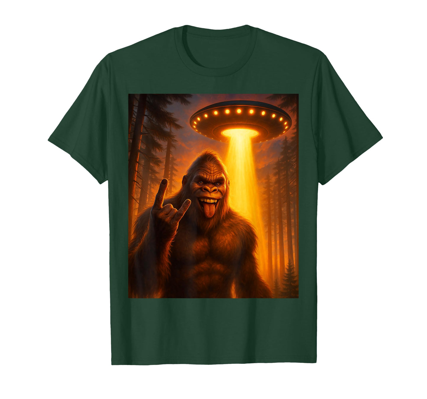 Sasquatch Bigfoot Selfie With UFO Alien Rock On Gift Graphic T-Shirt