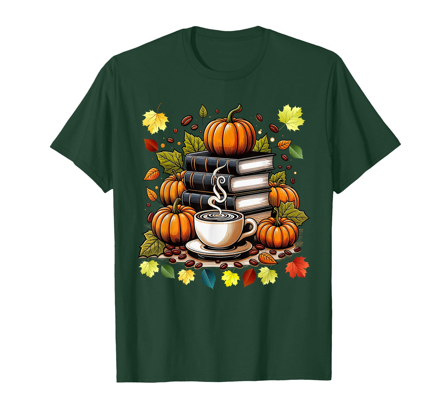 Books Coffee Fall Leaves and Pumpkins Vintage Library T-Shirt