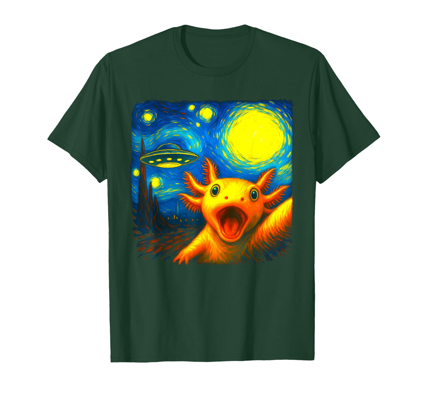 Axolotl Selfie With Alien UFO Funny Starry Night Van Gogh T-Shirt