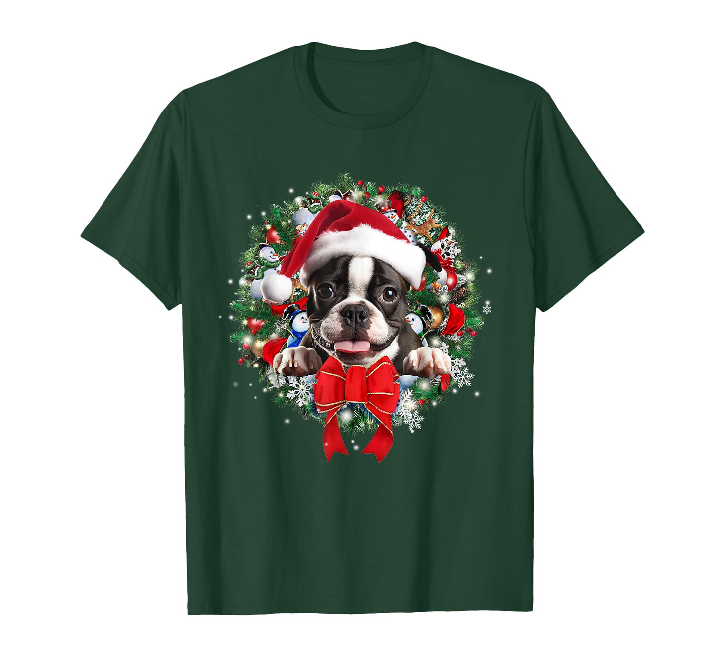Boston Terrier Christmas Wreath Decoration Xmas Pajamas T-Shirt