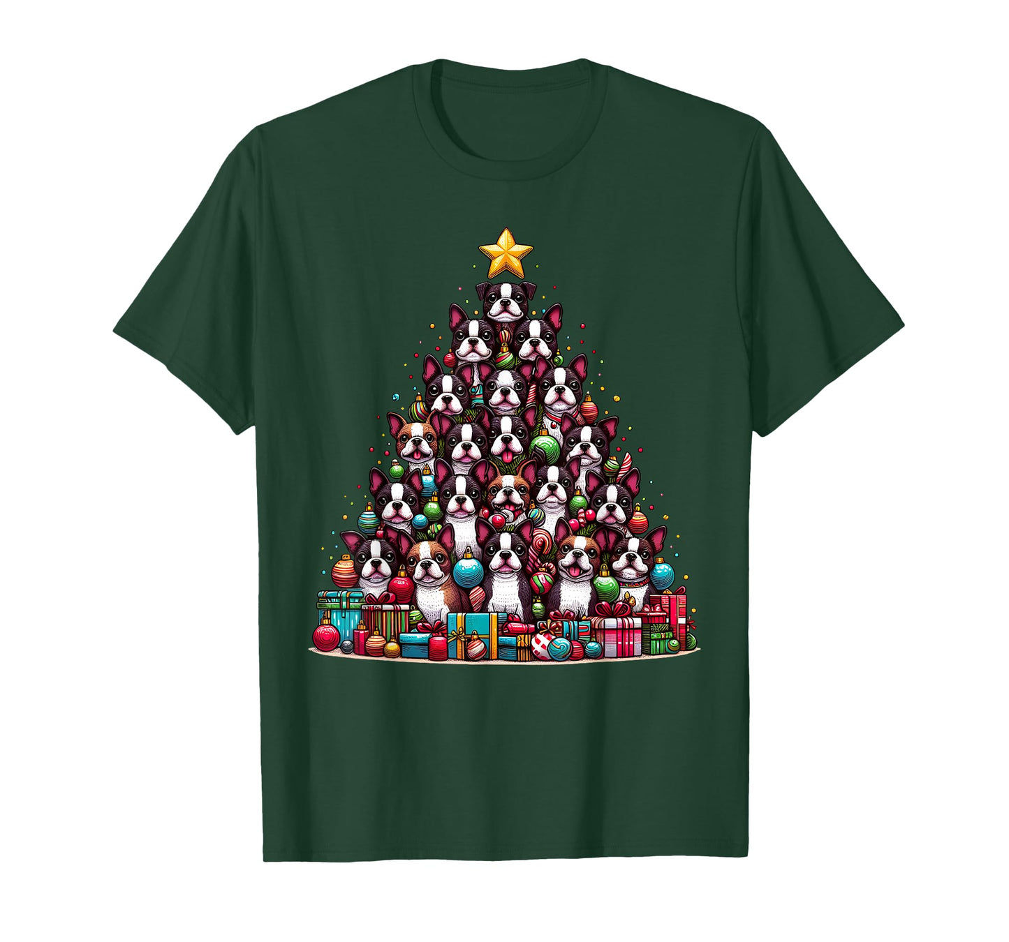Cute Boston Terrier Christmas Tree Dog Womens Mens Kids T-Shirt