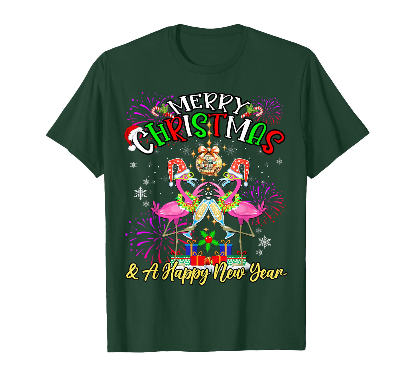 Merry Christmas & A Happy New Year Fireworks Flamingo Lover T-Shirt
