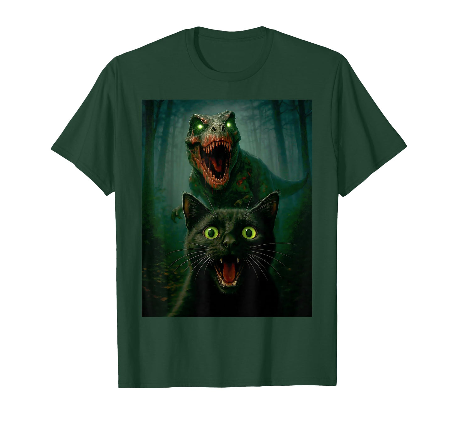 Scared Cat Selfie with Zombie T-Rex Dinosaur Halloween Day T-Shirt