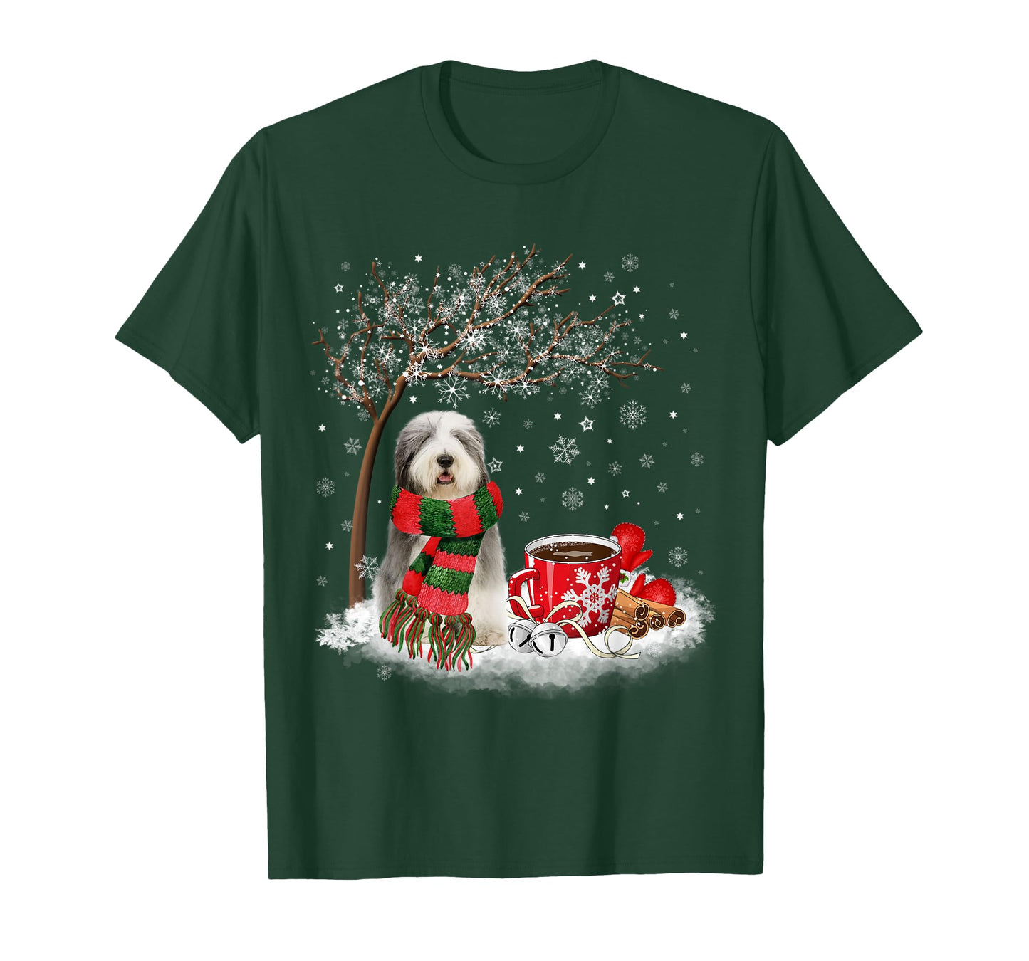 Old English Sheepdog In The Snow Christmas Winter Xmas Tree Men Women Kids T-Shirt