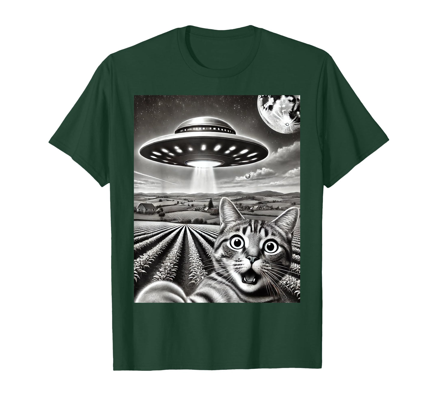 Cat Selfie With Alien UFO Funny Cat Weird Graphic Men Women Kids T-Shirt