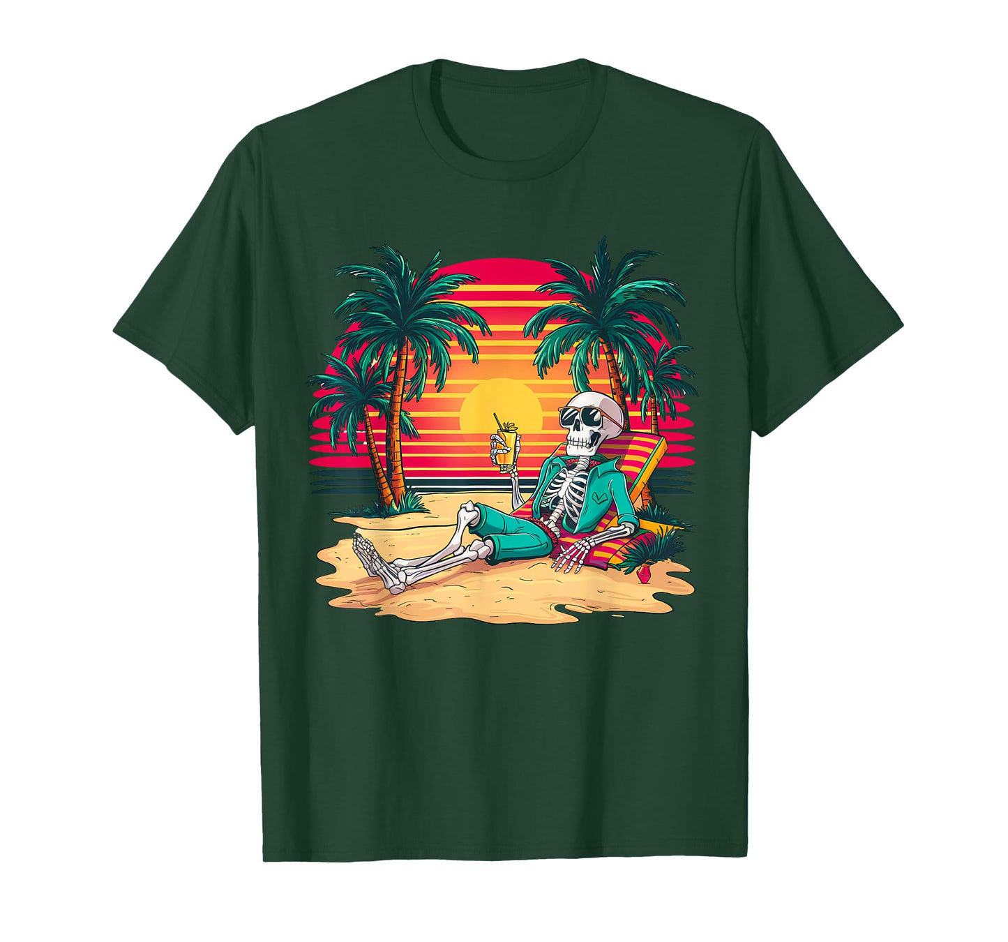 Funny Skeleton On Tropical Island Beach Retro T-Shirt for Men Women Kids