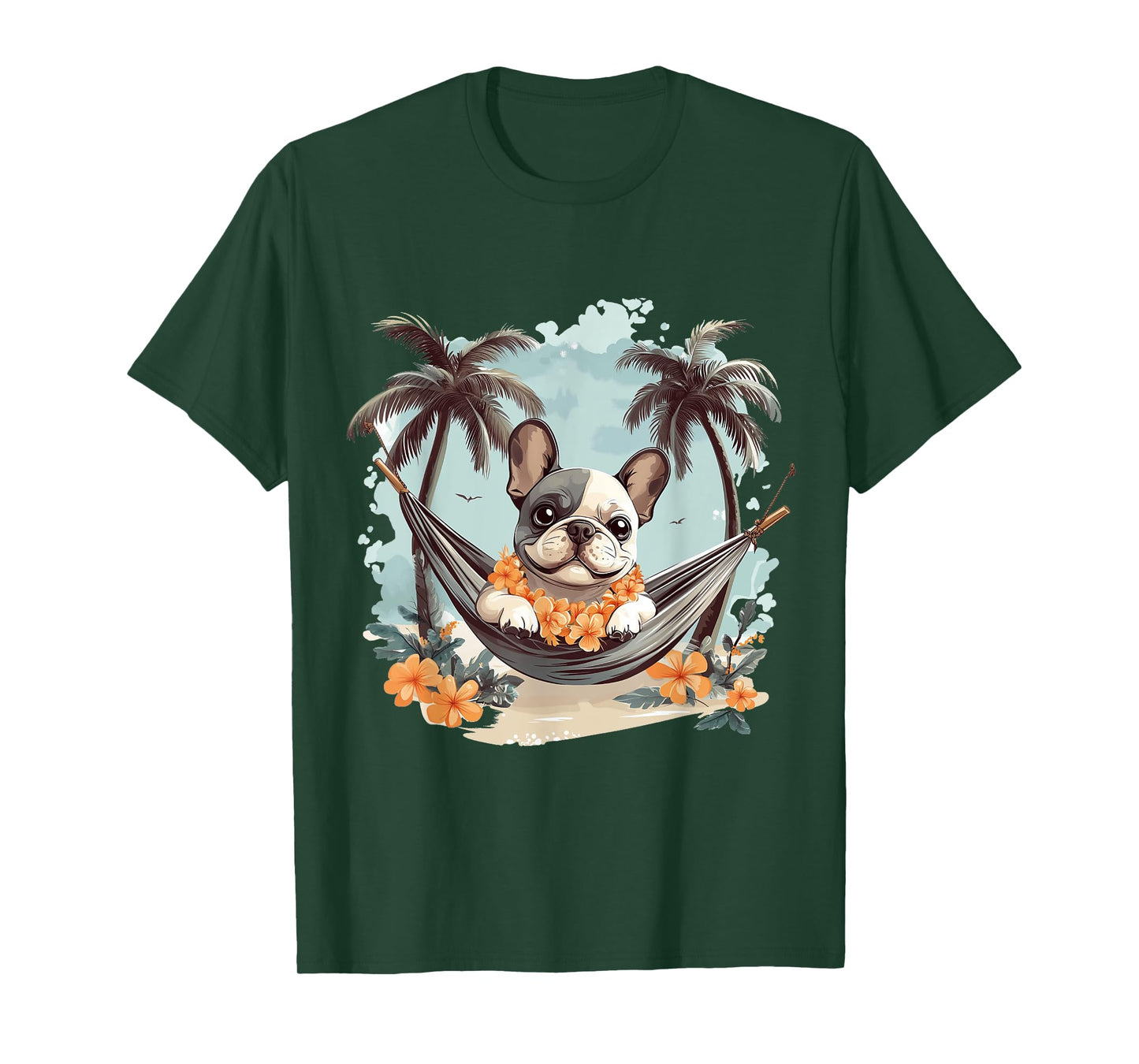 Cute Hawaiian French Bulldog Hammock Palm Trees Beach Vibes T-Shirt