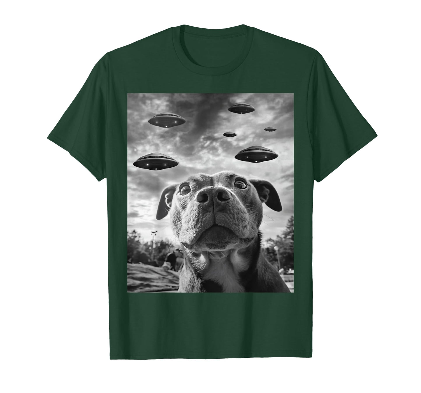 Funny Dog Pitbull Selfie with UFOs Alien Novelty T-Shirt