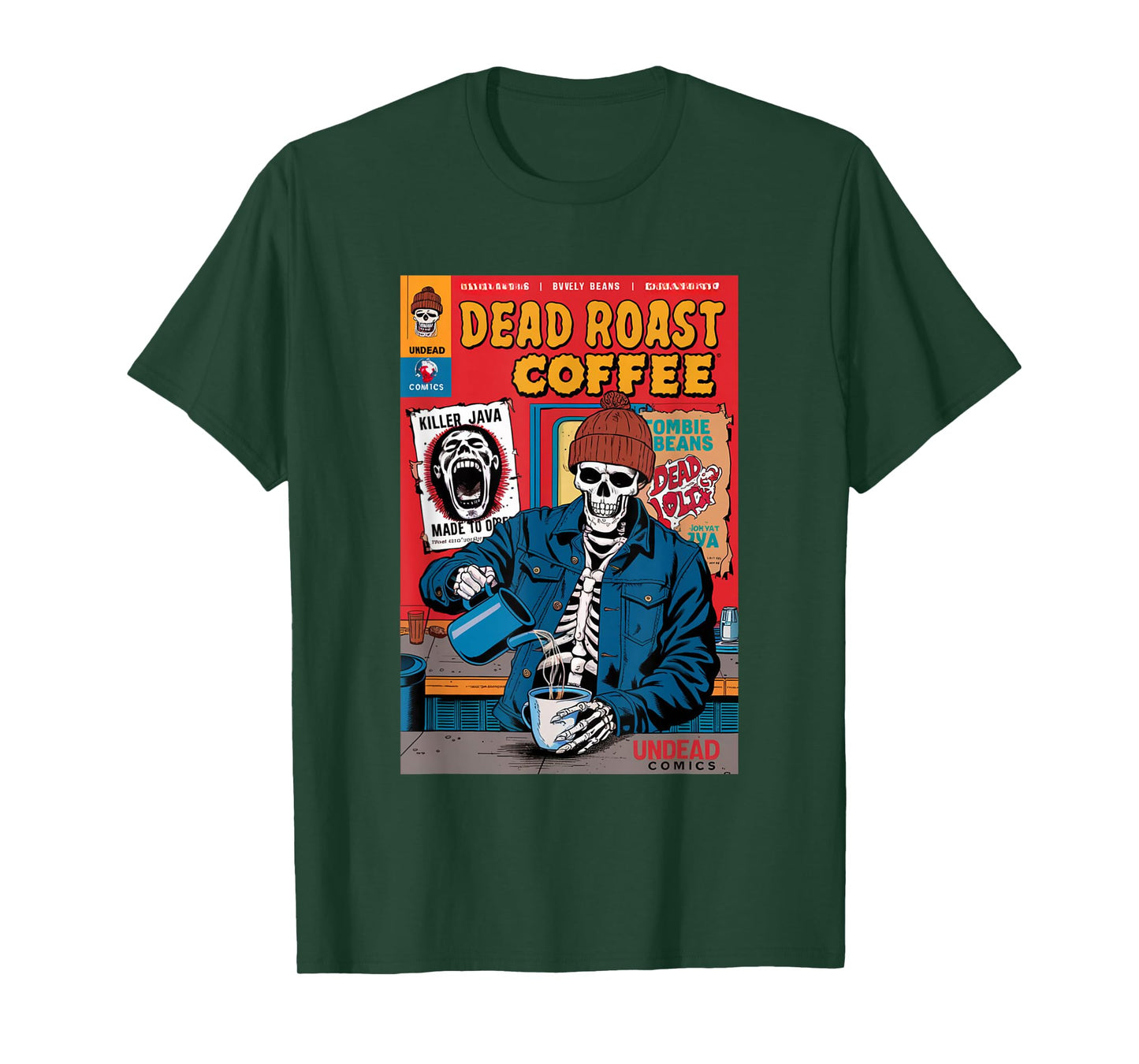 Dead Roast Coffee Comic Book Cover Style Skeleton Barista T-Shirt