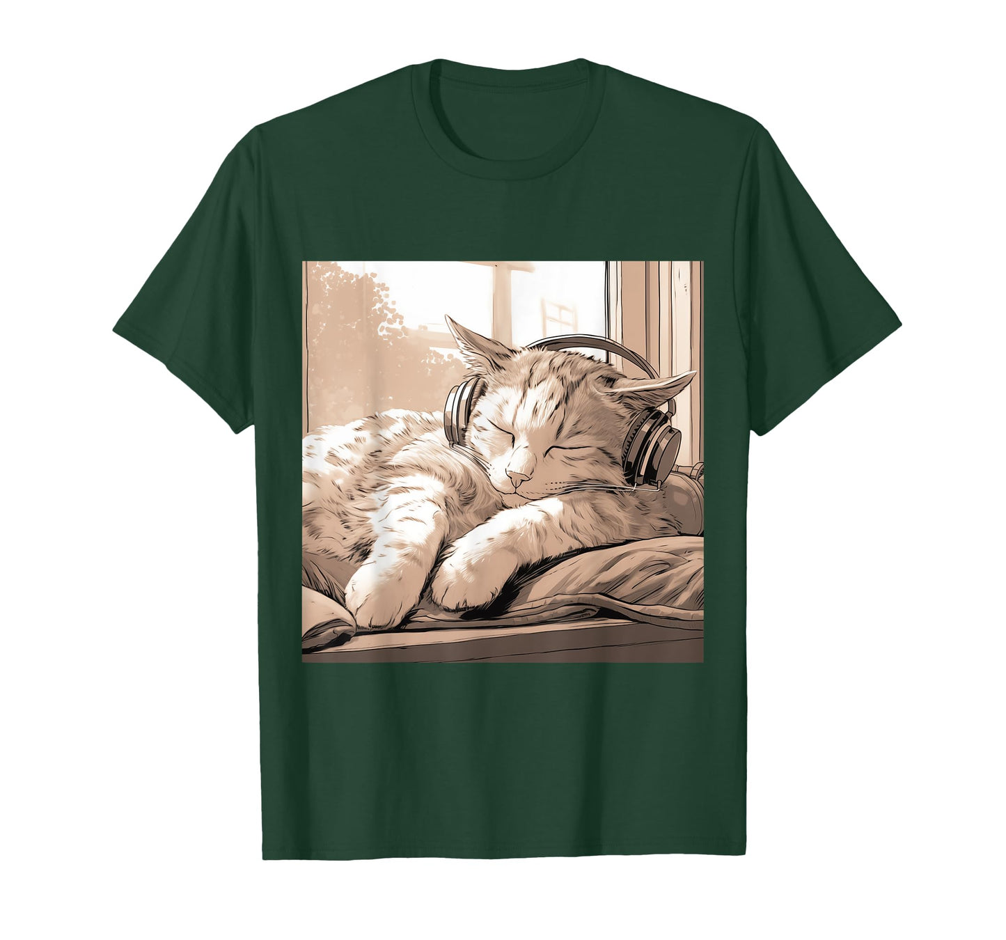 Sleeping Lo-Fi Manga Cat Wearing Headphones T-Shirt