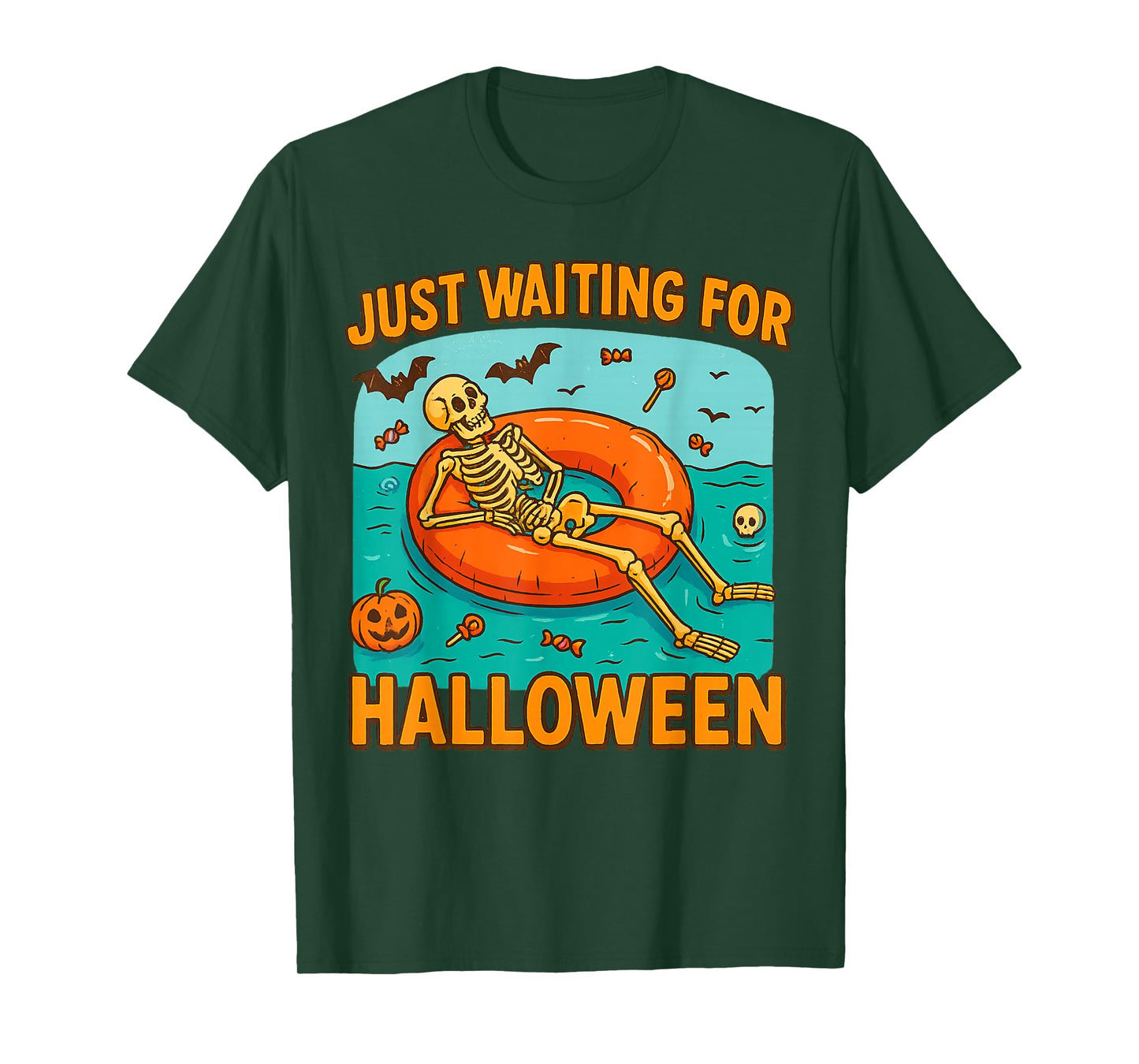 Just Waiting for Halloween Funny Skeleton Floating on Float T-Shirt