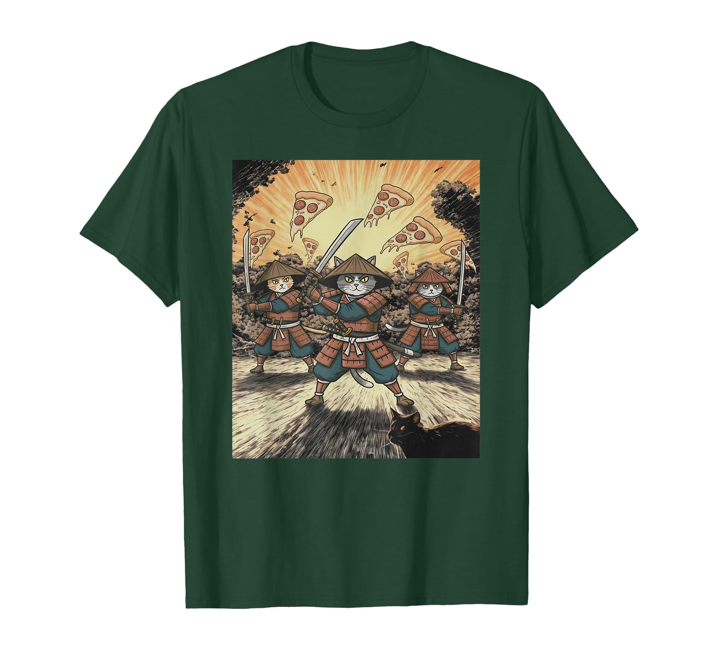 Pizza Battle Cat Graphic Funny Neko Warrior Anime Samurai T-Shirt