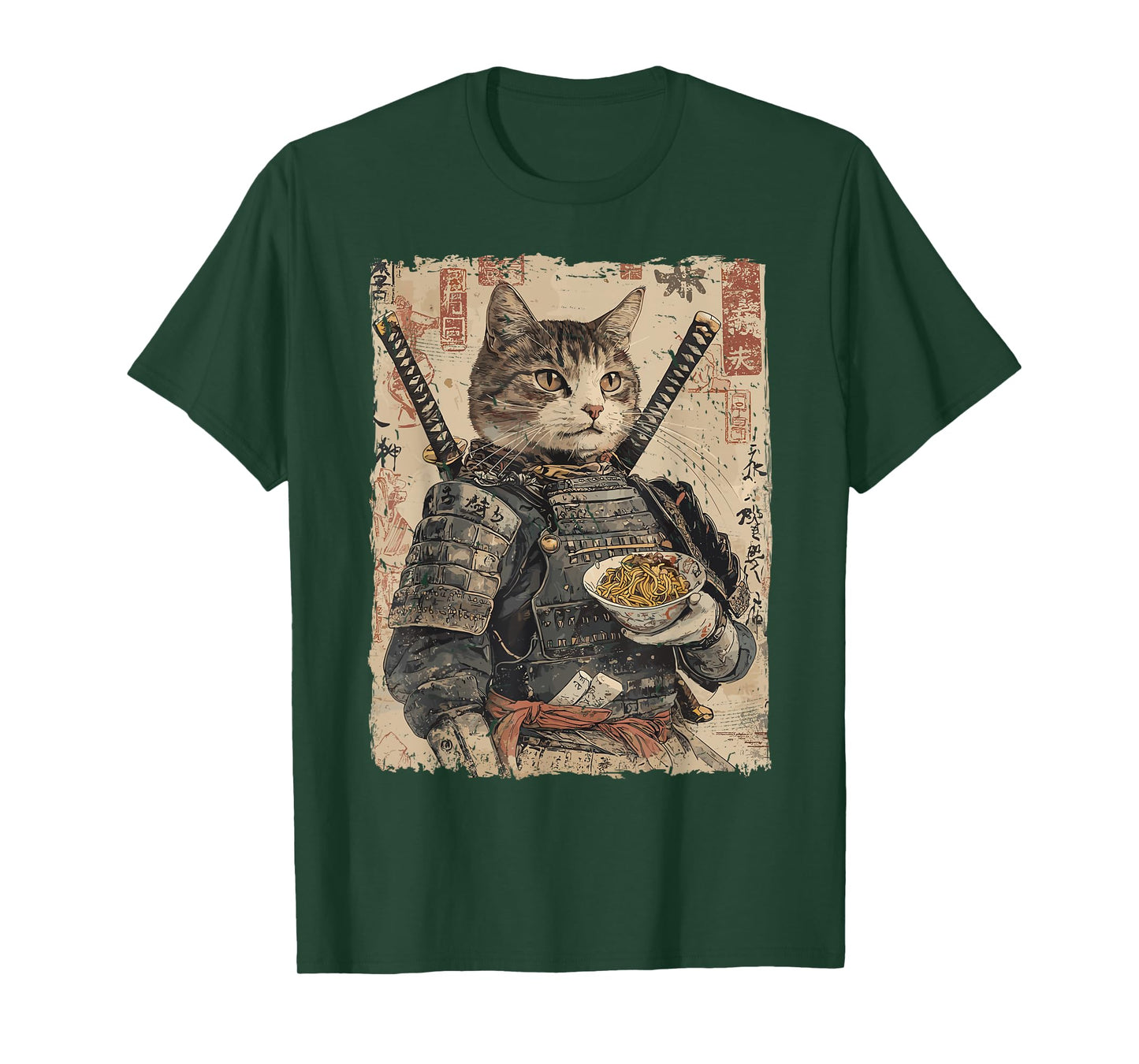 Samurai Cat Loves Ramen Funny Anime Japanese Artwork Samurai T-Shirt