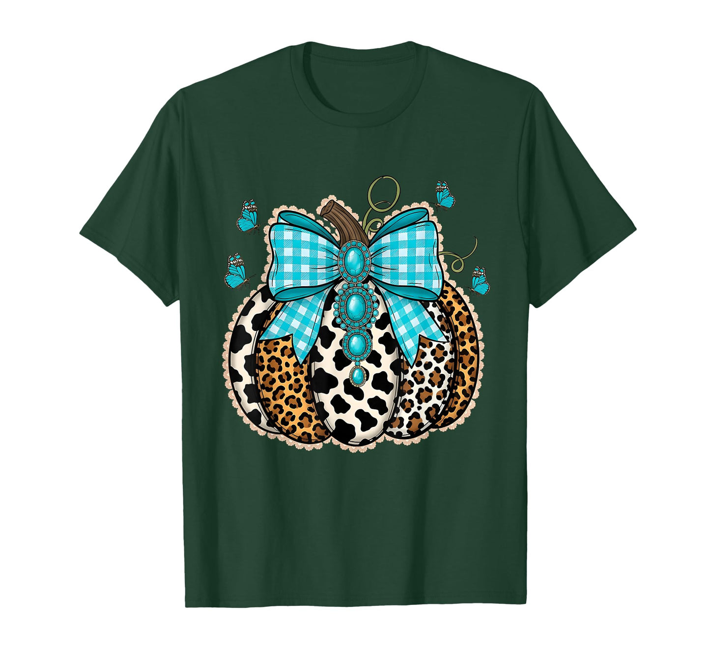 Leopard Turquoise Lace Pumpkin Fall Thanksgiving Halloween T-Shirt