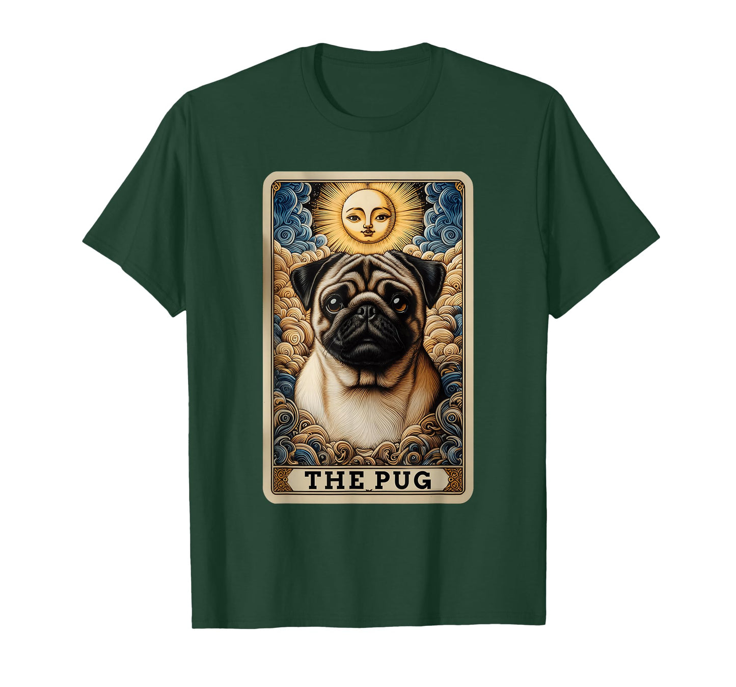 The Pug Tarot Card Dog Pug Dogs Unisex-Adult T-Shirt, Black, Small, Short Sleeve, Cartoon Dog Theme, Casual, Playful