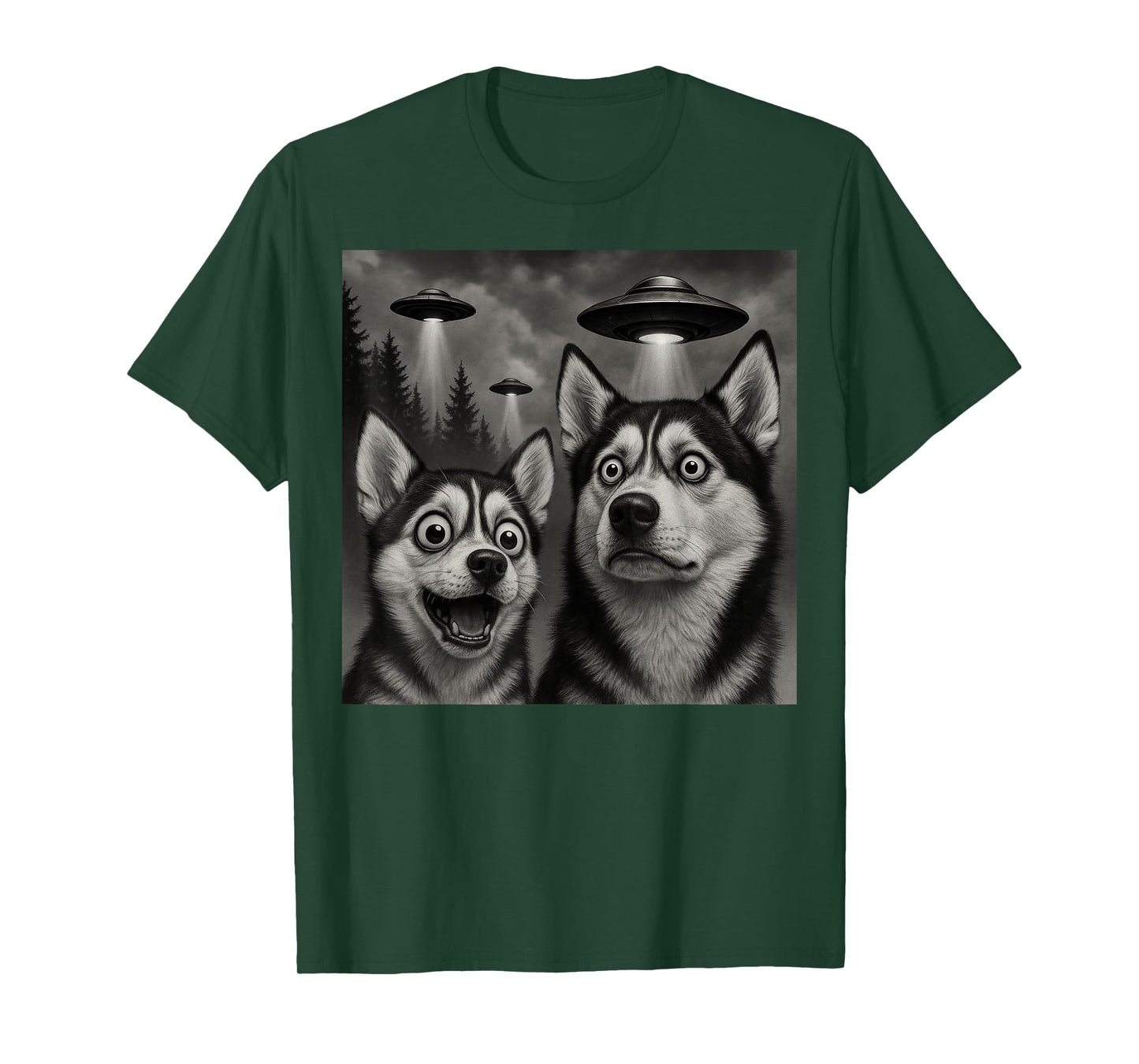 Huskies Watching UFOs Funny Dog Lover Design T-Shirt