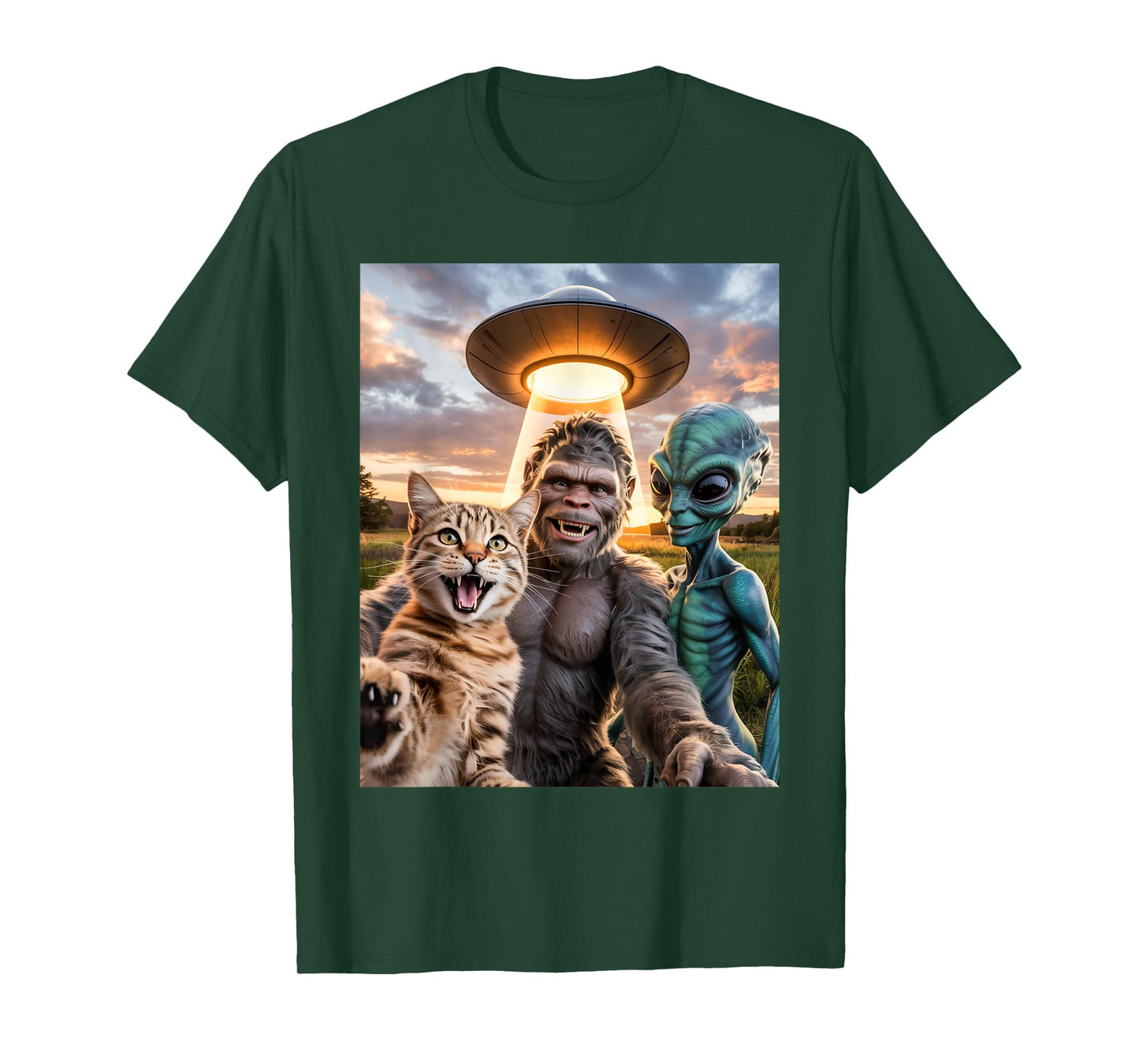 Cat Bigfoot Alien Selfie BFF Funny Photo With UFO Men Women T-Shirt