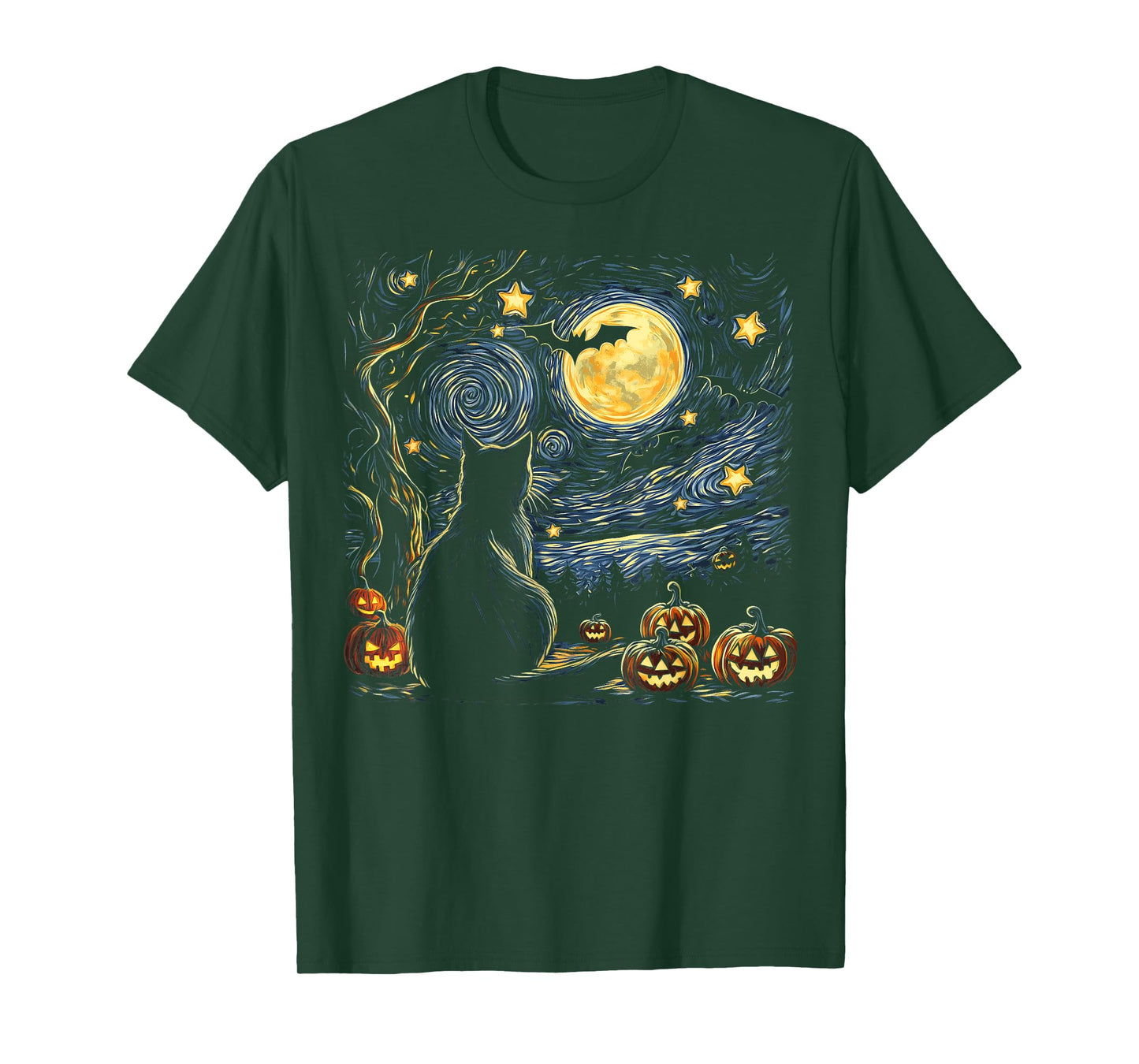 Halloween Van Gogh Starry Night Painting Black Cat Kitten T-Shirt for Men Women Kids