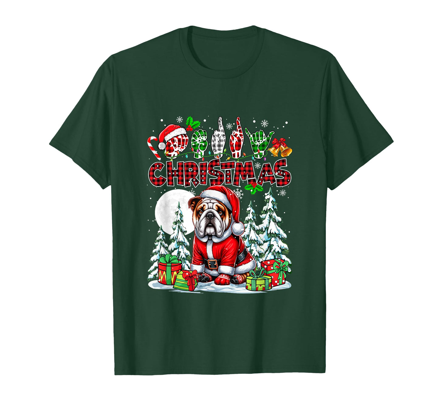 Merry Christmas Hands Sign Language Santa Bulldog Owner T-Shirt