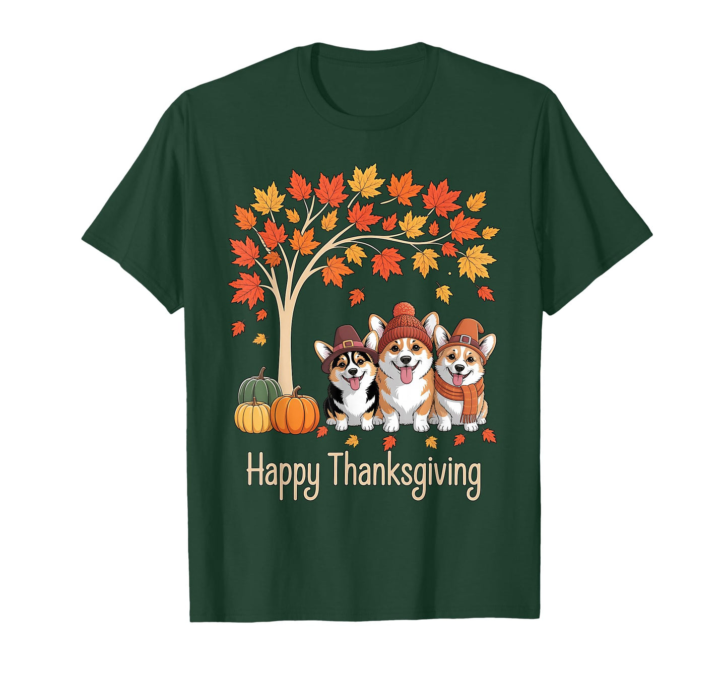 Cute Three Corgi Dogs Pumpkins Fall Tree Happy Thanksgiving T-Shirt