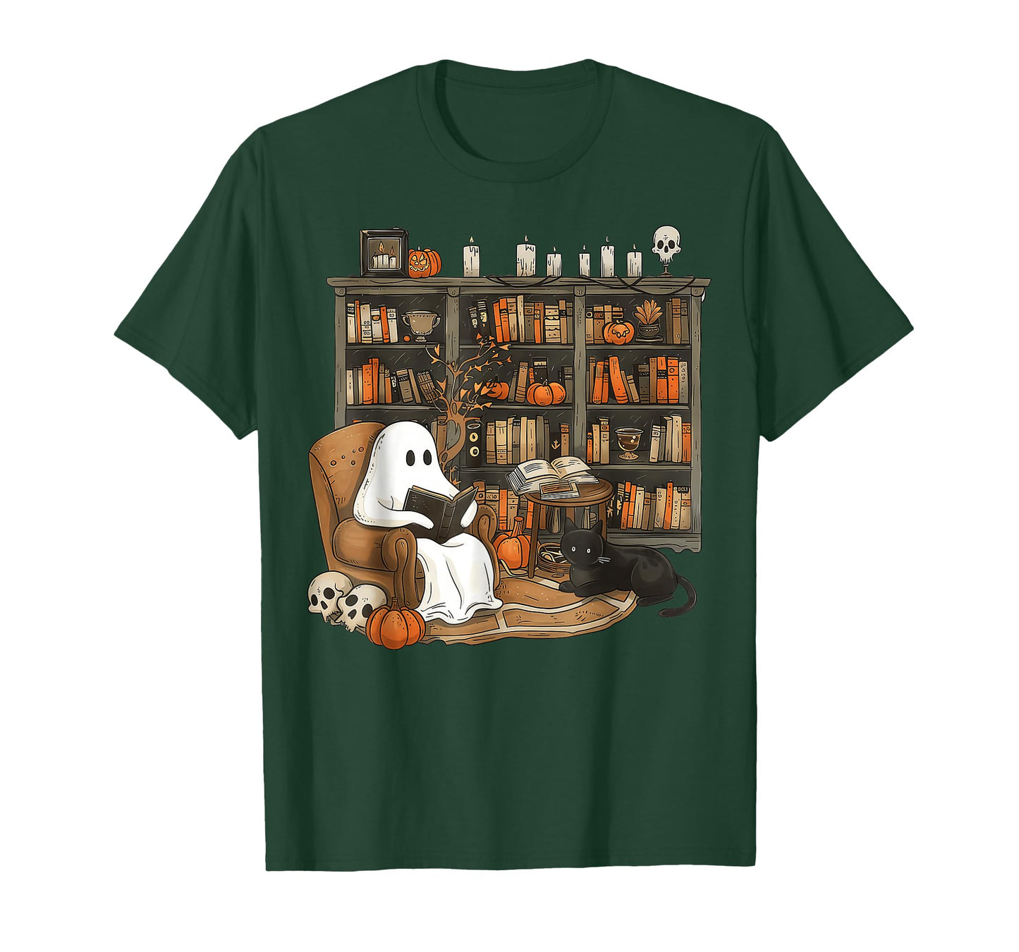 Retro Ghost Reading Books cat, Librarian Ghost Halloween T-Shirt