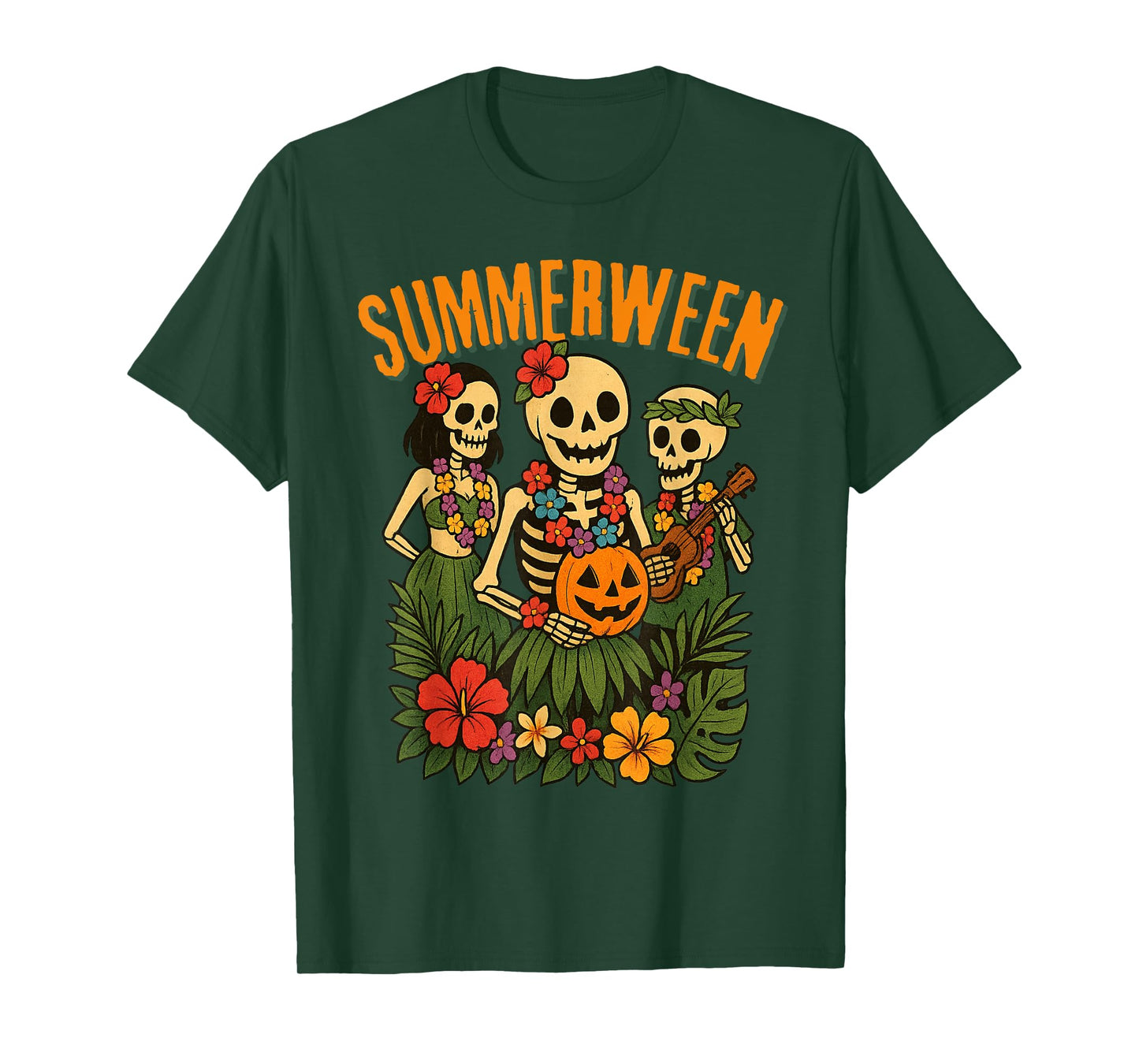 Funny Summerween Skeletons Luau Party Halloween Beach Vibes T-Shirt