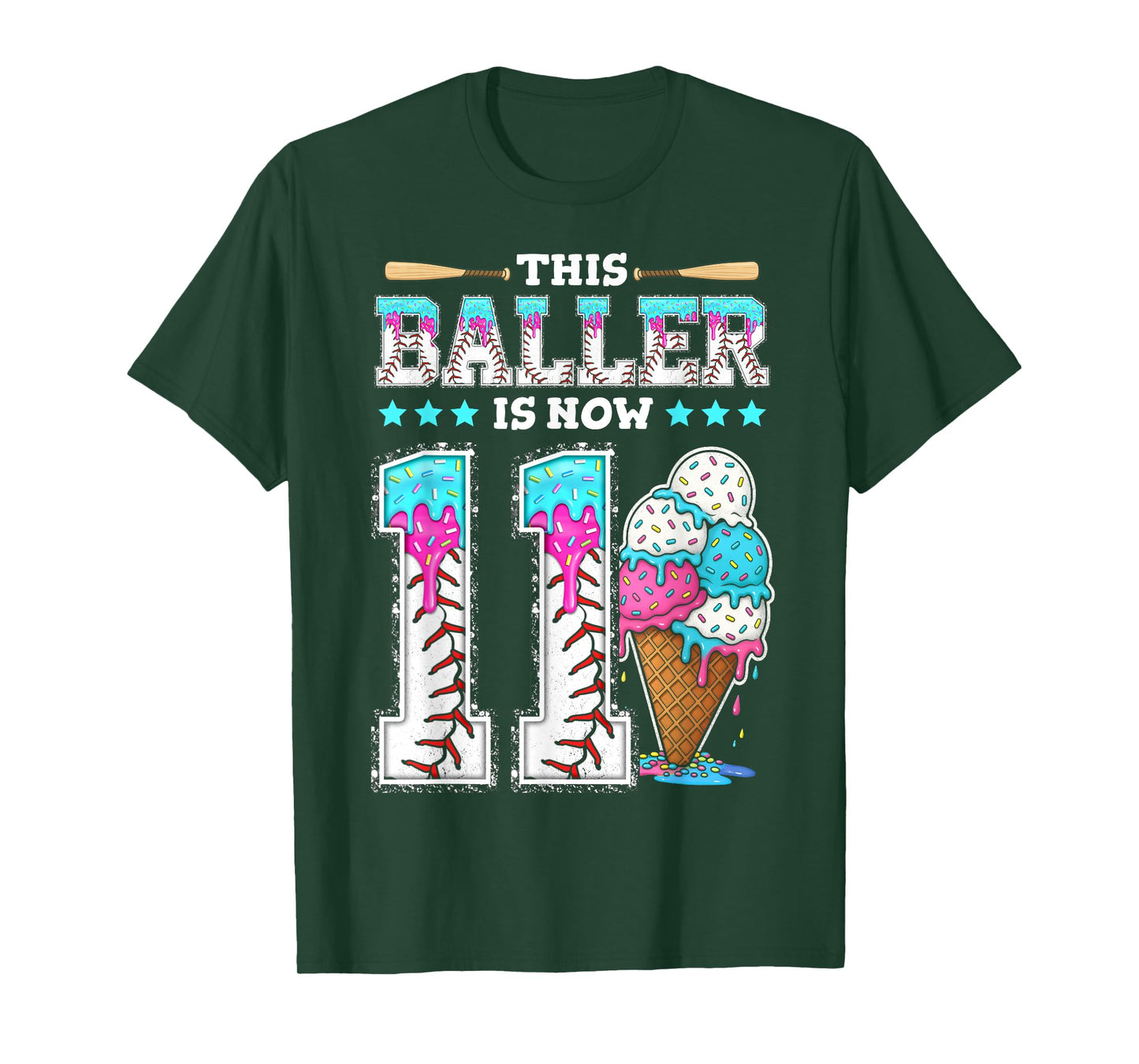Baller Is Now 11 Year Ice Cream Drip 11th Birthday Baseball T-Shirt