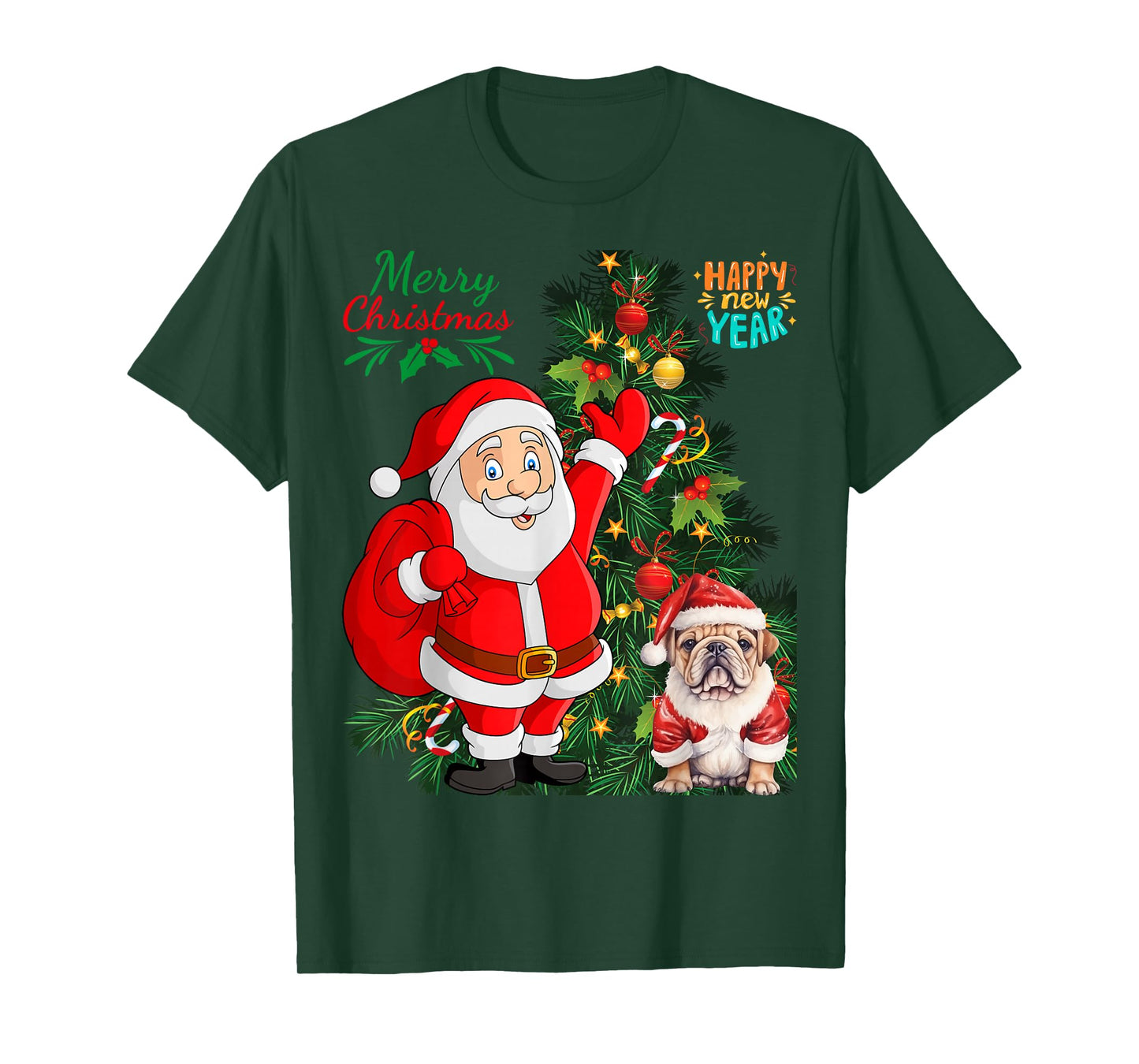 Merry Christmas Happy New Year Santa Claus English Bulldog T-Shirt