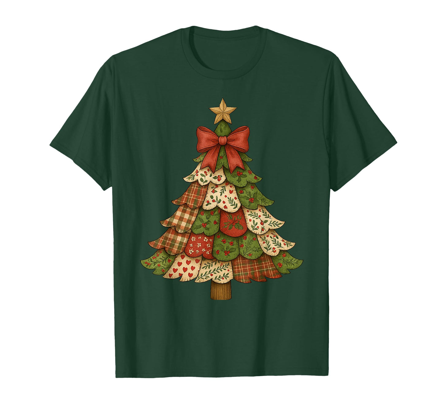 Vintage Patchwork Christmas Tree Retro Merry Christmas Bow T-Shirt