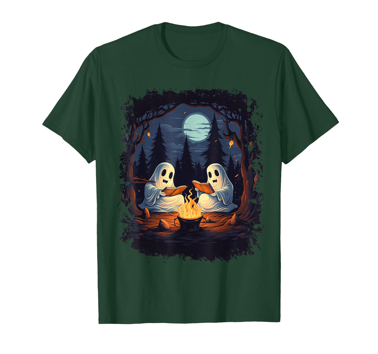 Retro Ghost Reading Books Camping Campfire Gothic Halloween T-Shirt