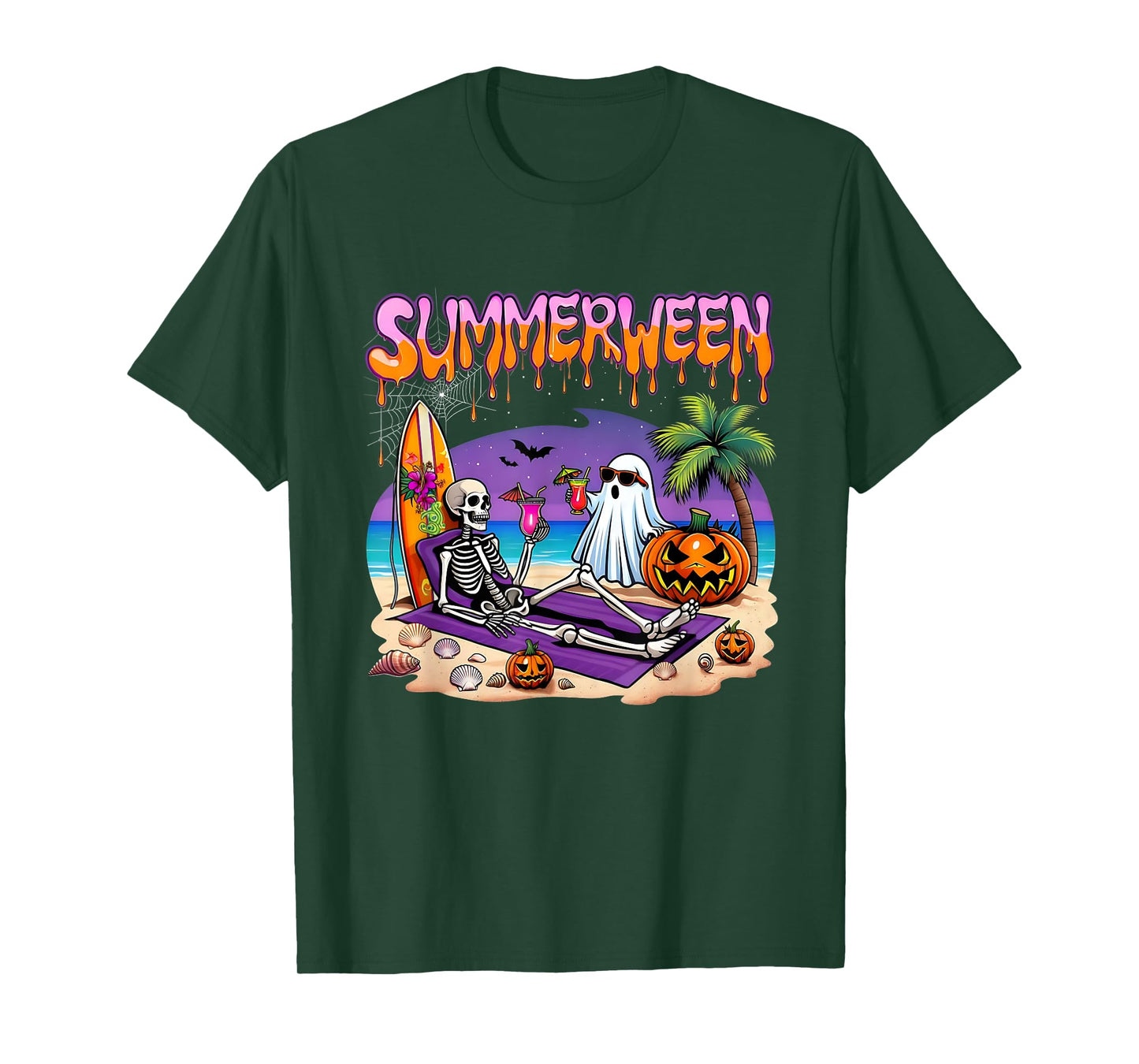 Summerween Skeleton Ghost Beach Funny Spooky Halloween T-Shirt