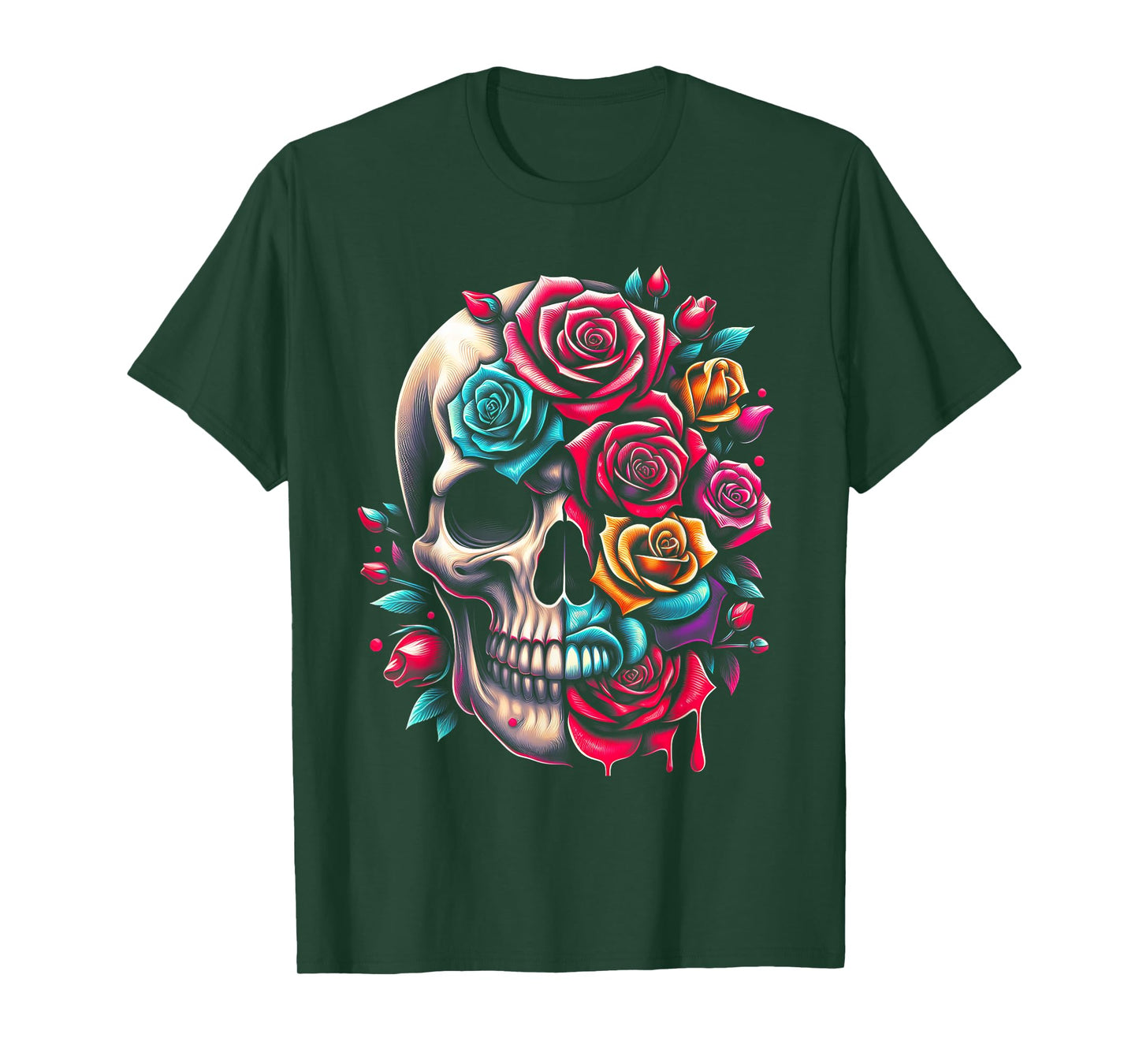 Half Flower Half Skull Sugar Roses for Women Girls Halloween T-Shirt
