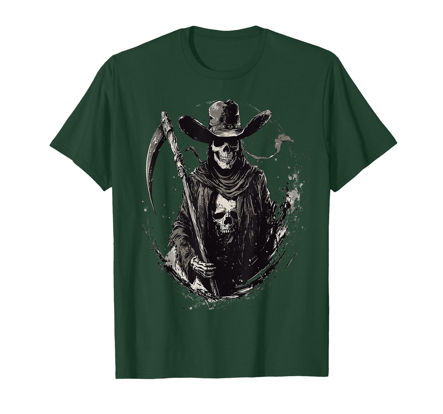 Western Grim Reaper Cowboy Wearing Hat Scythe Skull Art T-Shirt