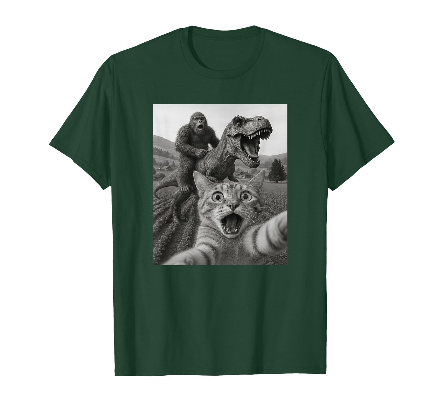 Funny Graphic Cat Selfie With Bigfoot Riding T-rex Dinosaur T-Shirt for Men Women Kids