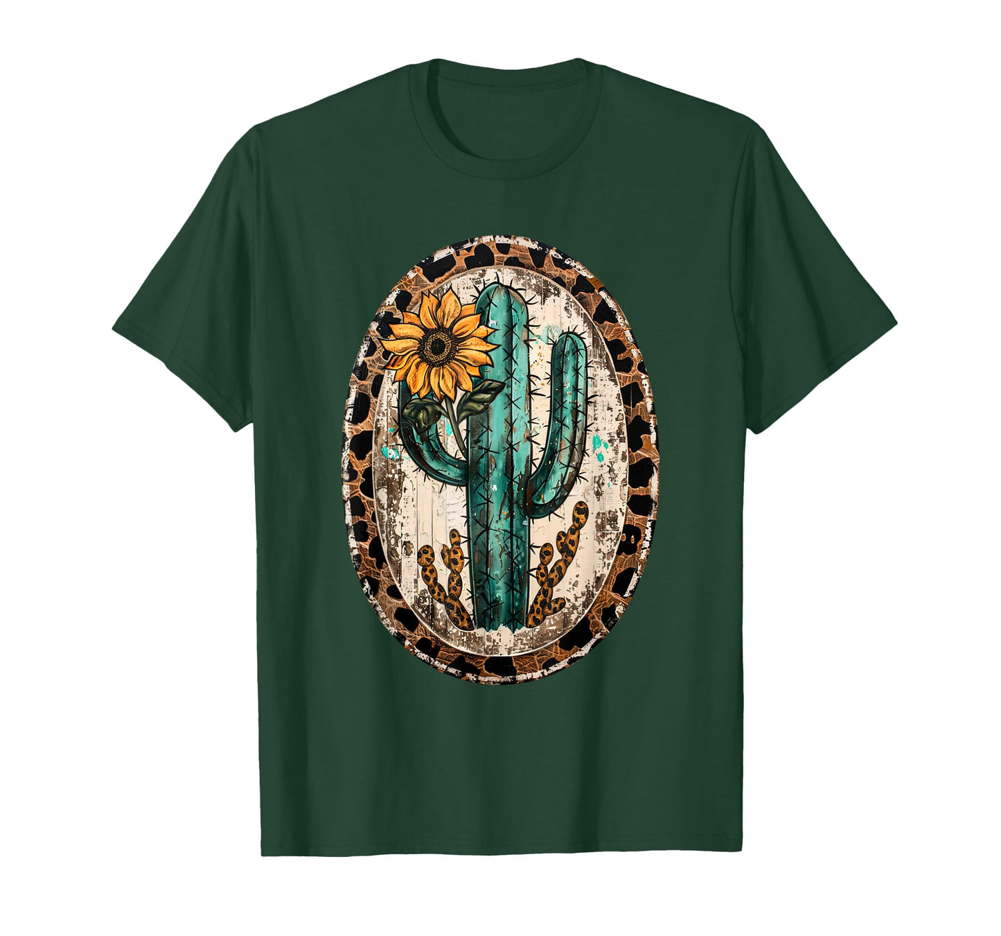 Vintage Western Turquoise Teal Cactus Sunflower Leopard T-Shirt