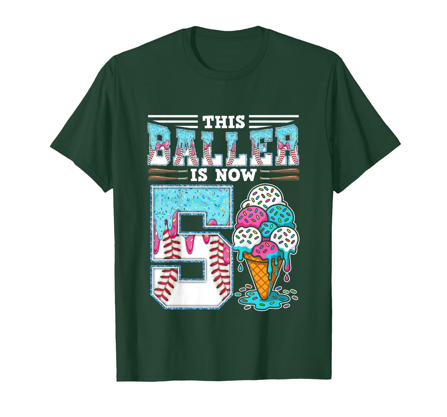 Kids Baller Is Now 5 Year Ice Cream Drip 5th Birthday Baseball T-Shirt