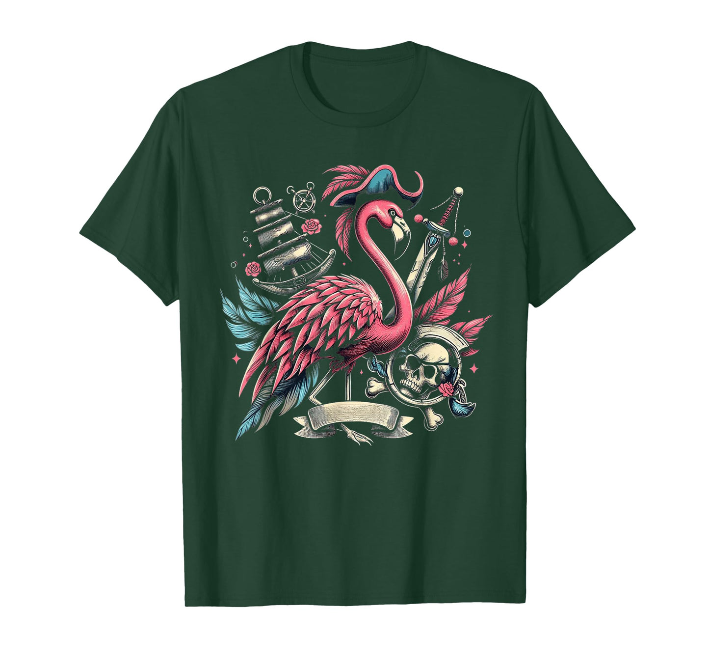 Funny Pirate Freebooter Jolly Roger Pirate Flamingo T-Shirt