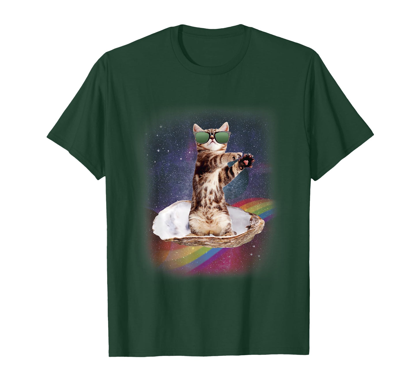 Space Cat Surfing An Oyster On A Rainbow Oyster T-Shirt