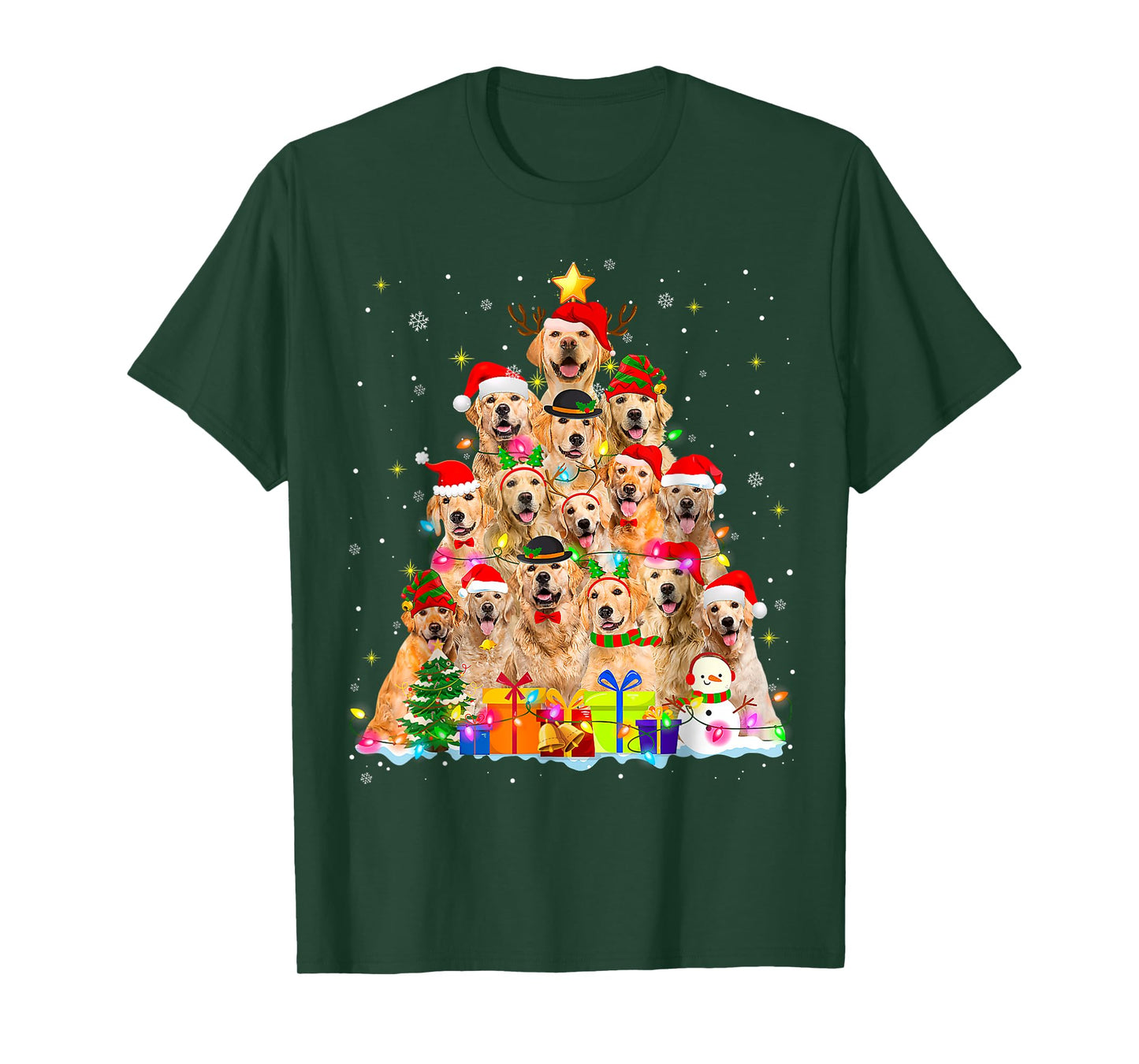 Golden Retriever Christmas Lights Tree Dog Funny Xmas 2025 T-Shirt for Men Women Kids