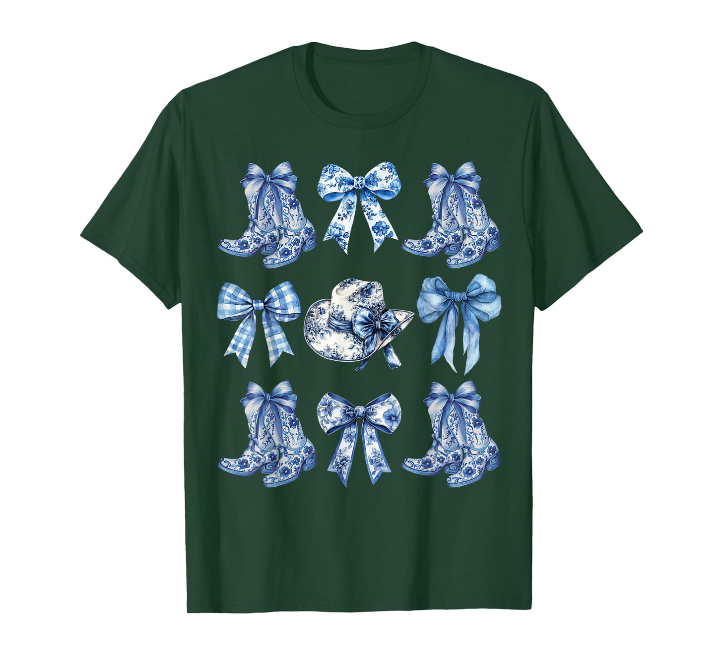 Blue Toile Cowgirl Coquette Bow Cowboy Boots Chinoiserie T-Shirt